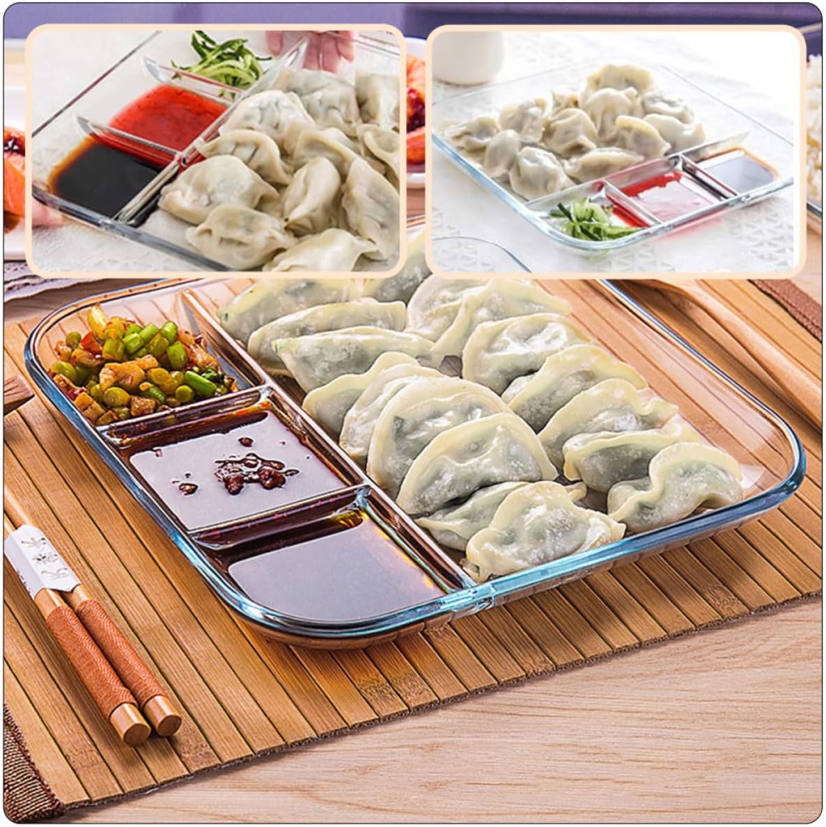 Heat-resistant Glass Dumpling Plate with Vinegar Sauce Dish, 9-inch Square Divided Serving Tray for Home Dining and Sushi Side Dish