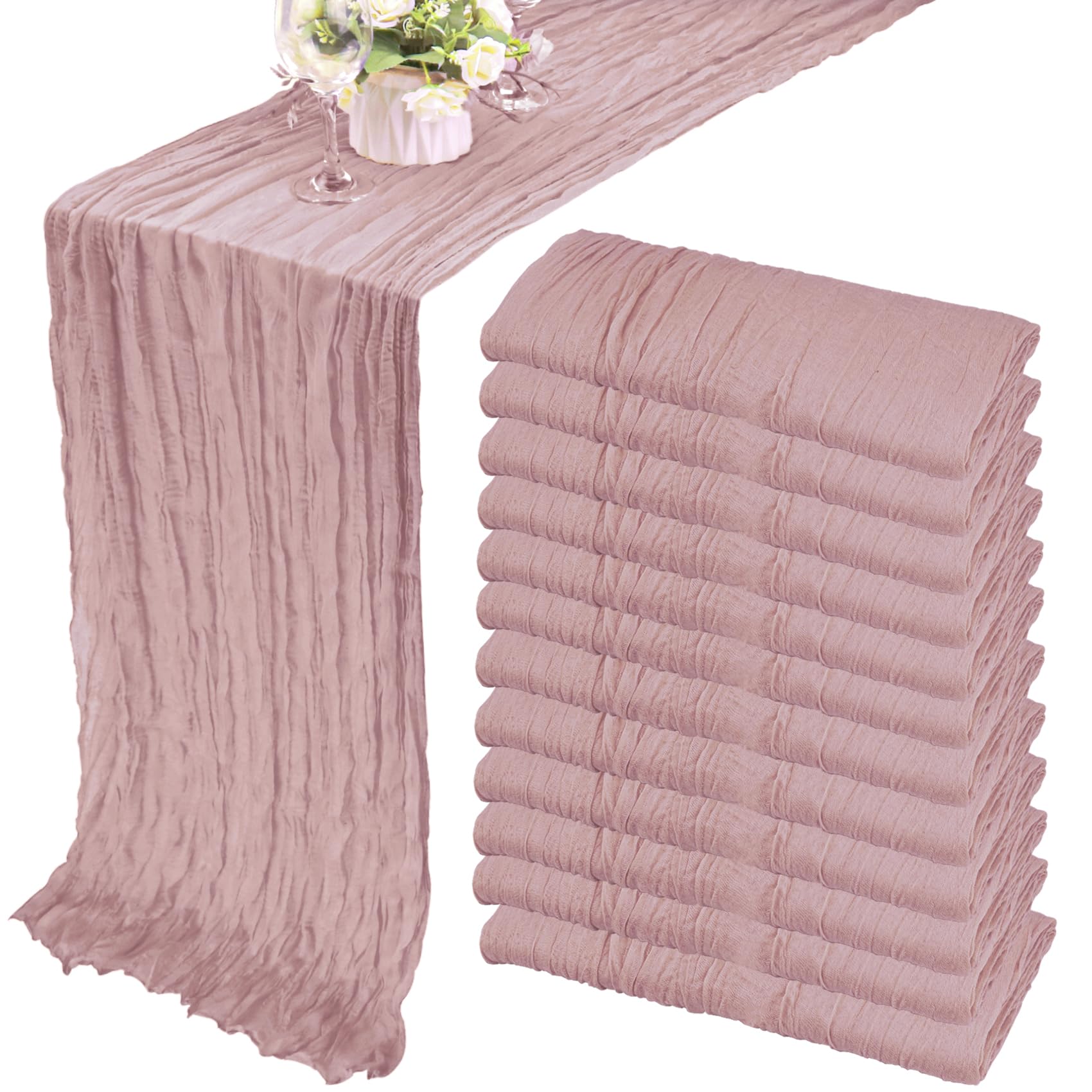 Photo 1 of 12 Pack 10Ft Cheesecloth Table Runner 35x120 Inch Boho Gauze Rustic Cheese Cloth Long Romantic Table Runner for Wedding Bridal Shower Birthday Party Table Decor (Dusty Pink)