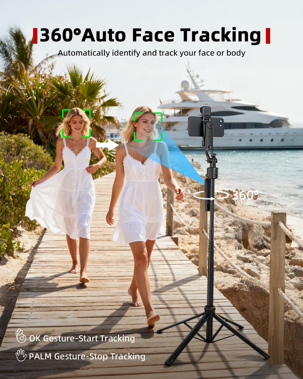 Auto Face Tracking Selfie Stick Tripod for iPhone with Light 360° Rotation That Follows Your Movement 63" Camera Tripod Stand with Remote for Content Creator Vlog Live Stream Video Recording