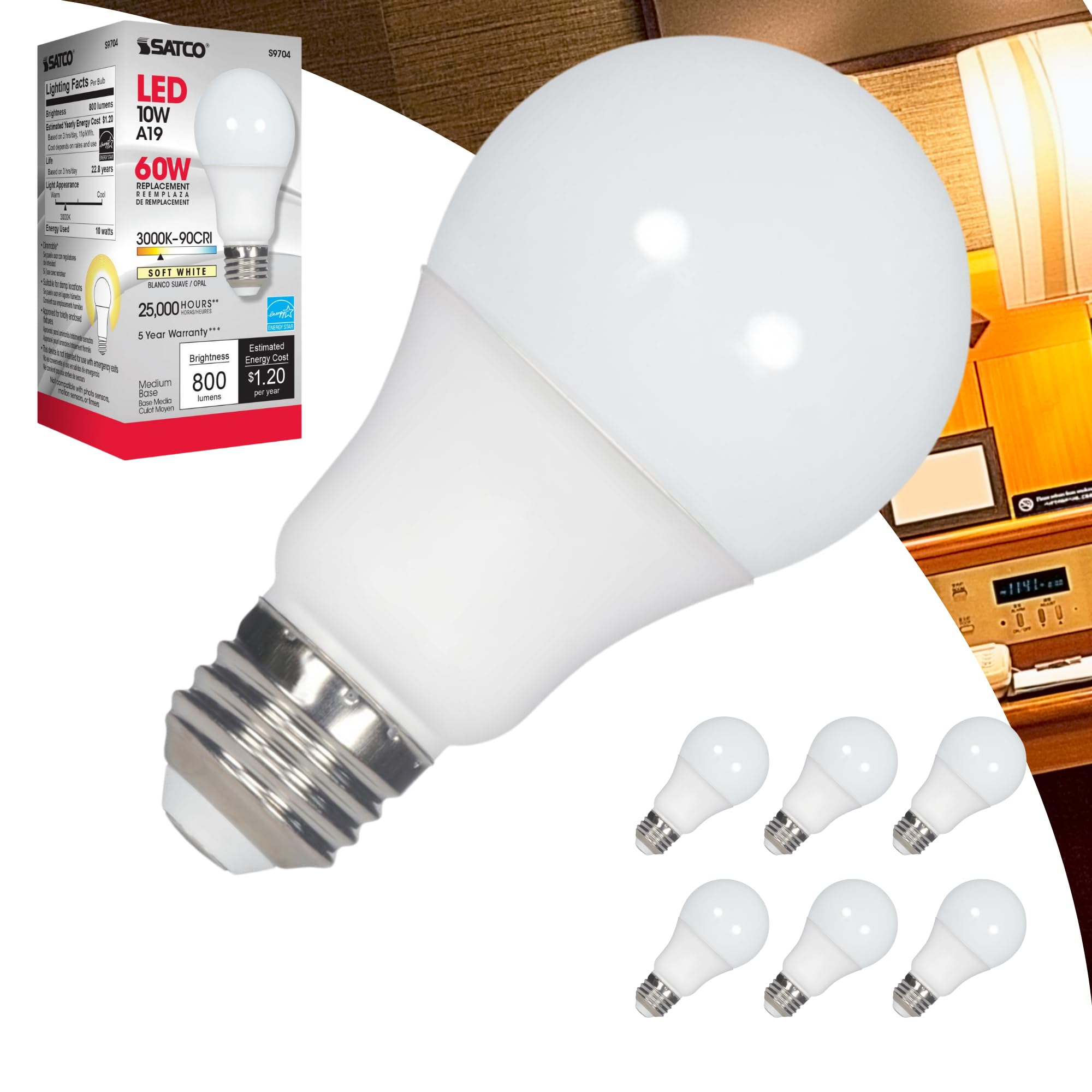 Satco S9704 10W A19 LED Bulb, 3000K Soft White, 800 Lumens, 90+