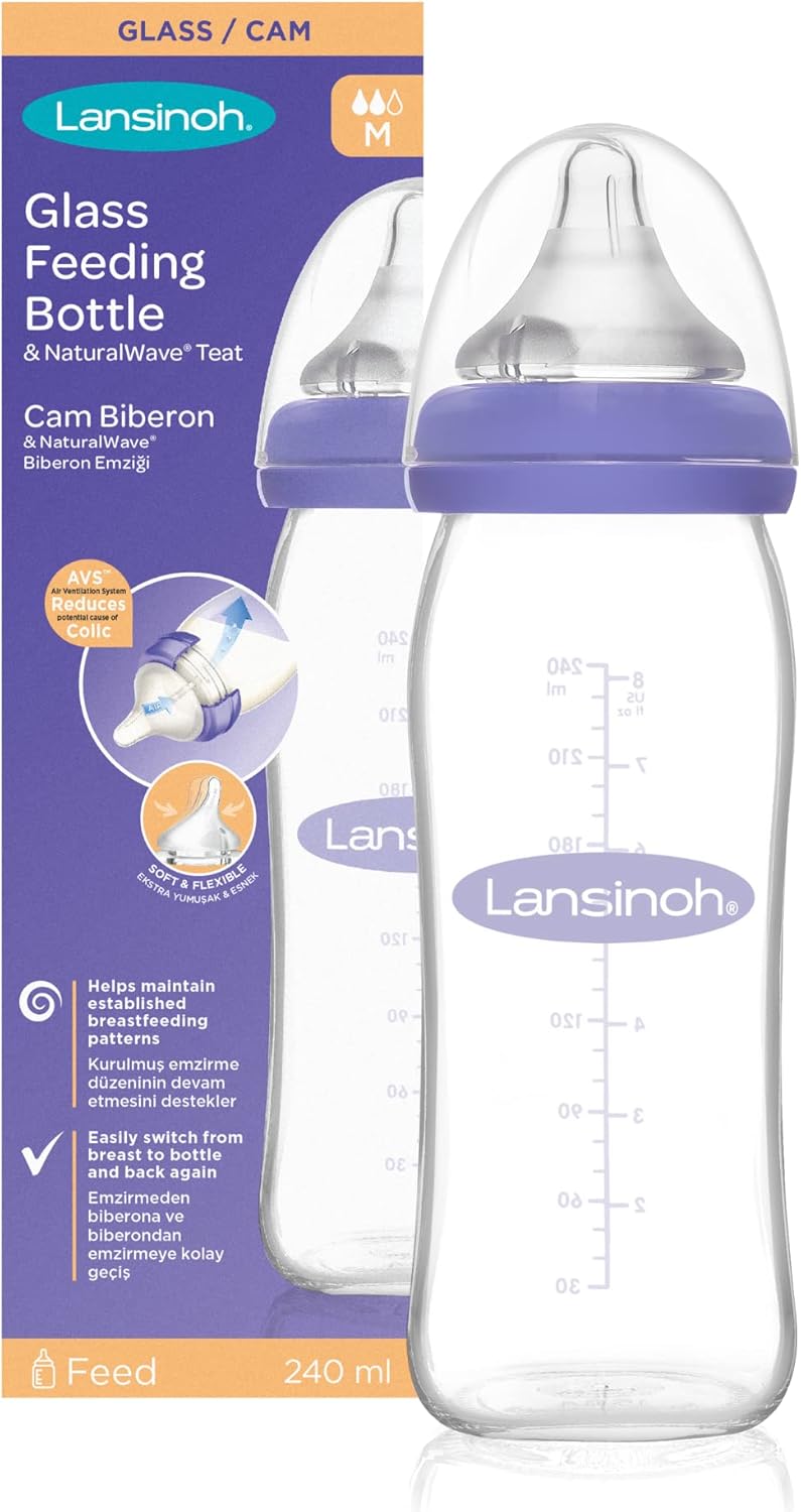 Lansinoh Glass Baby Bottle with NaturalWave Teat (240 ml), Anticolic