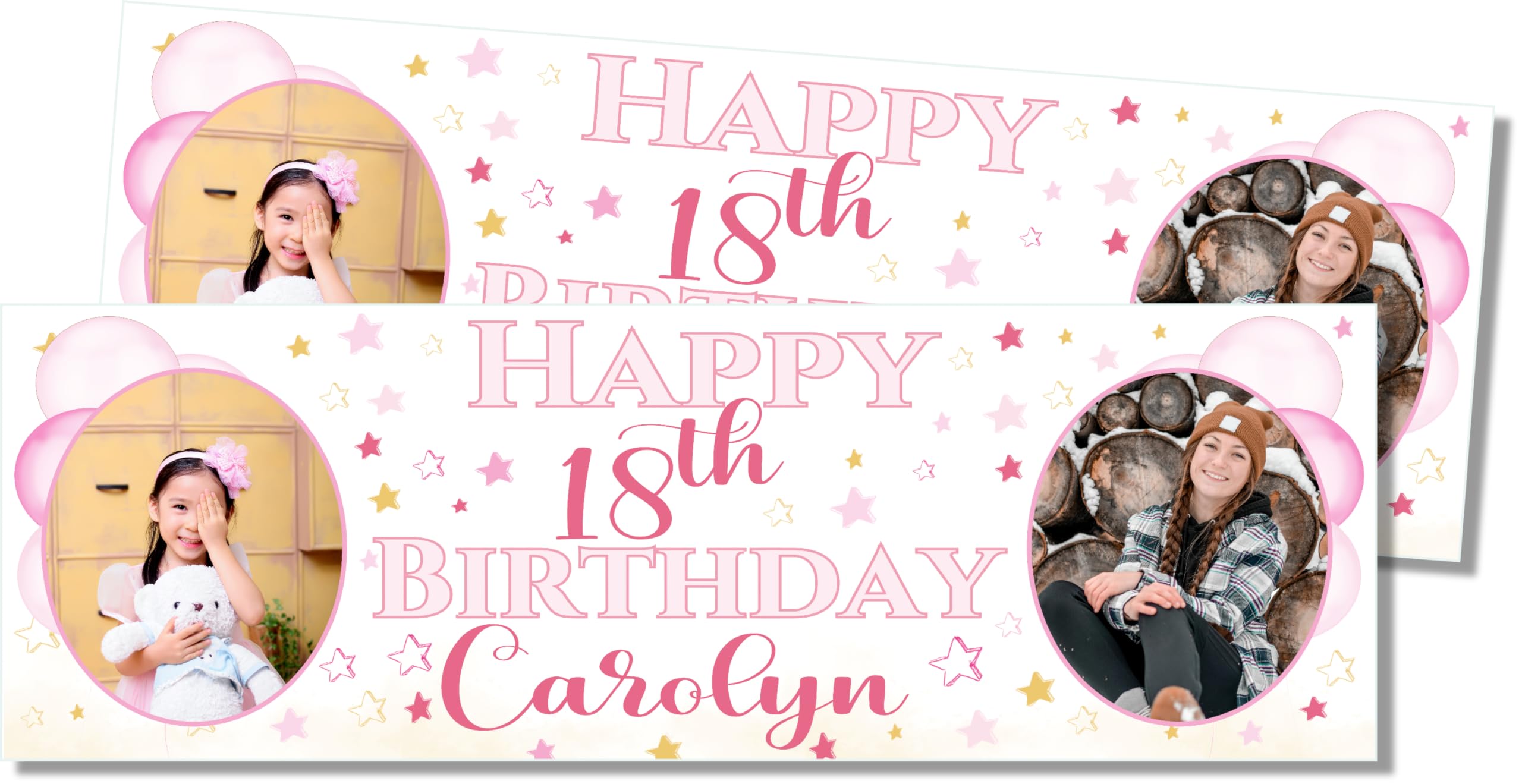 2 Large Banners Happy Birthday Personalised Photo Banners Any Age 1st First 2nd 3rd 21st 50th 60th 40th 16th 70th 30th 80 18th Party Decorations for Her (Pink, 2 x Large (6ftx2ft))