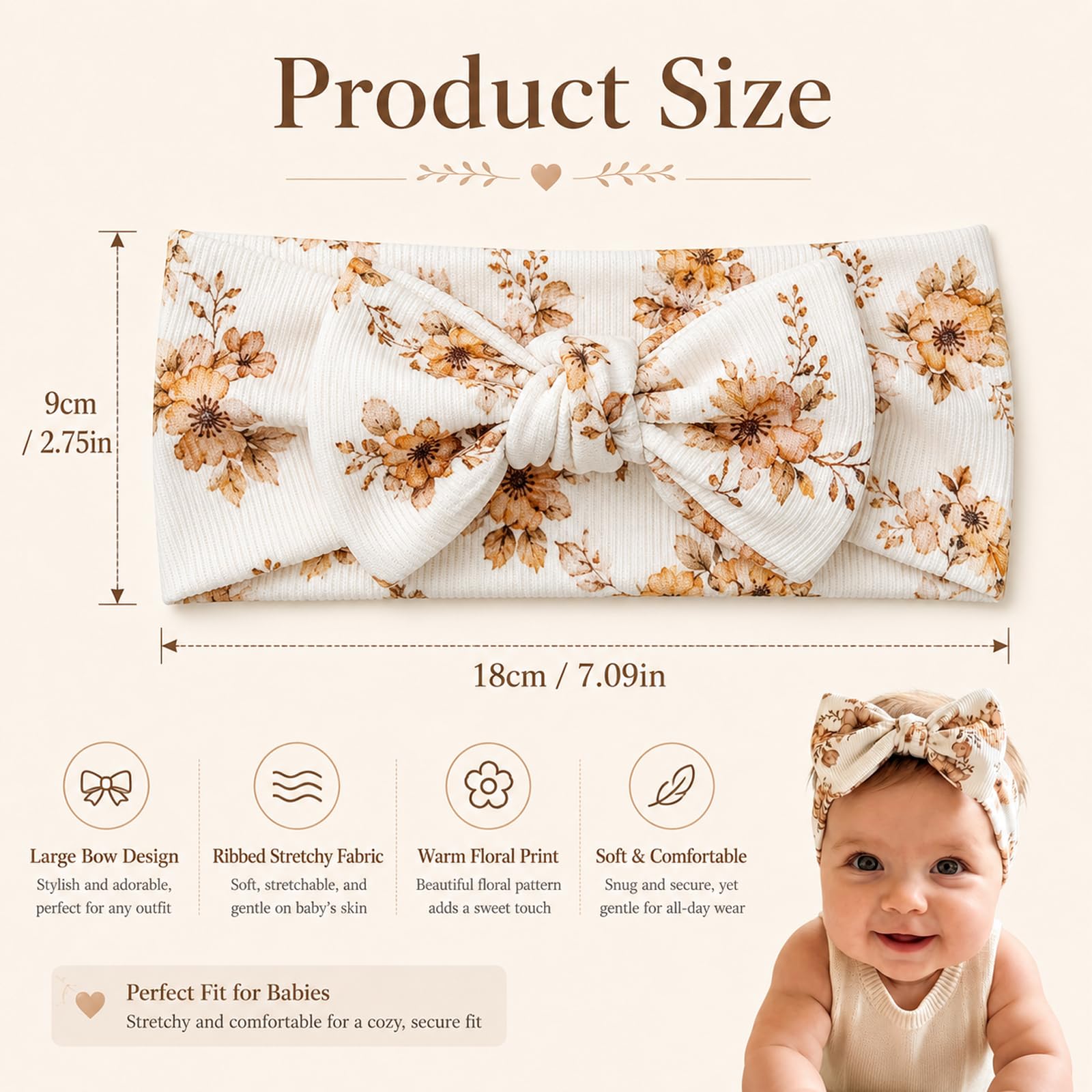 1 Pezzo Fiocco Stampato per Capelli Neonata – Fascia in Cotone Elasticizzato, Per Circonferenza Testa 36-40cm, Morbido Copricapo per 0-3 Anni, Ideale per Uso Quotidiano e Foto