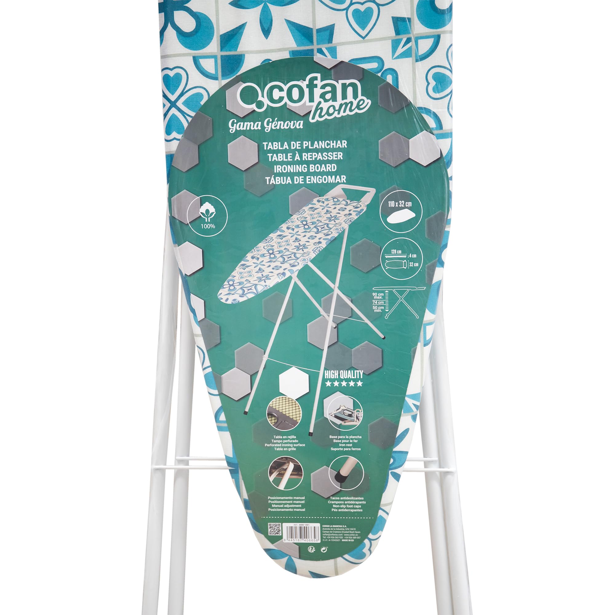Cofan Asse da stiro | Altezza regolabile | Gambe antiscivolo | Fodera 100% cotone | Dimensioni: 110 x 32 cm