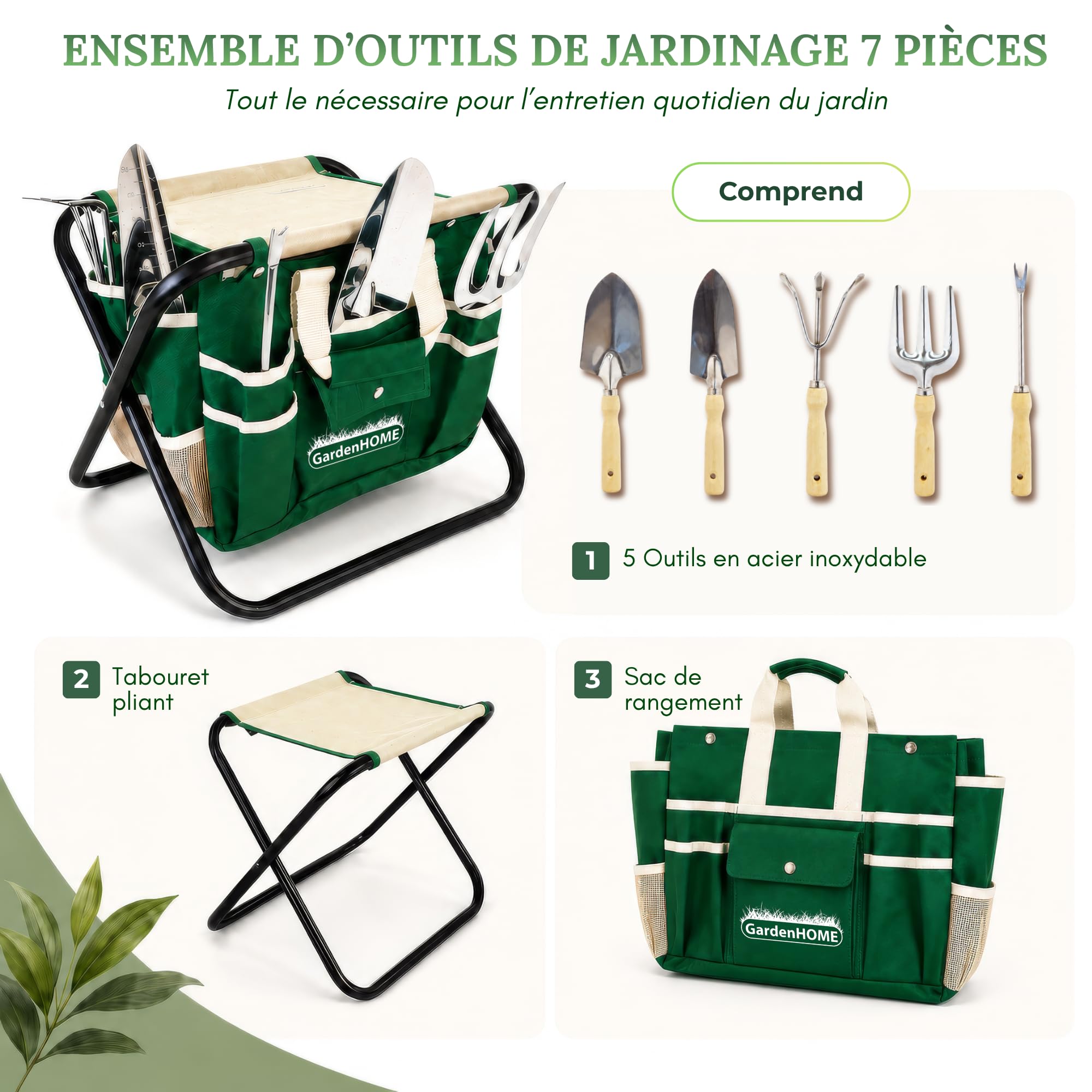 GardenHOME Kit Complet d'Outils de Jardinage - 7 Pièces, Acier Inoxydable Robuste, Tabouret Pliant Solide, Sac à Outils Détachable