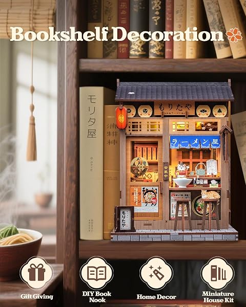 CUTEBEE Book Nook Kit Japon Style de Maison de Poupées, Puzzle 3D en Bois, Serre-Livres d'art, Kits de modèles pour Adultes à Construire, Décoration de Bibliothèque Cadeau de Vacances (Morita Ya) - 3