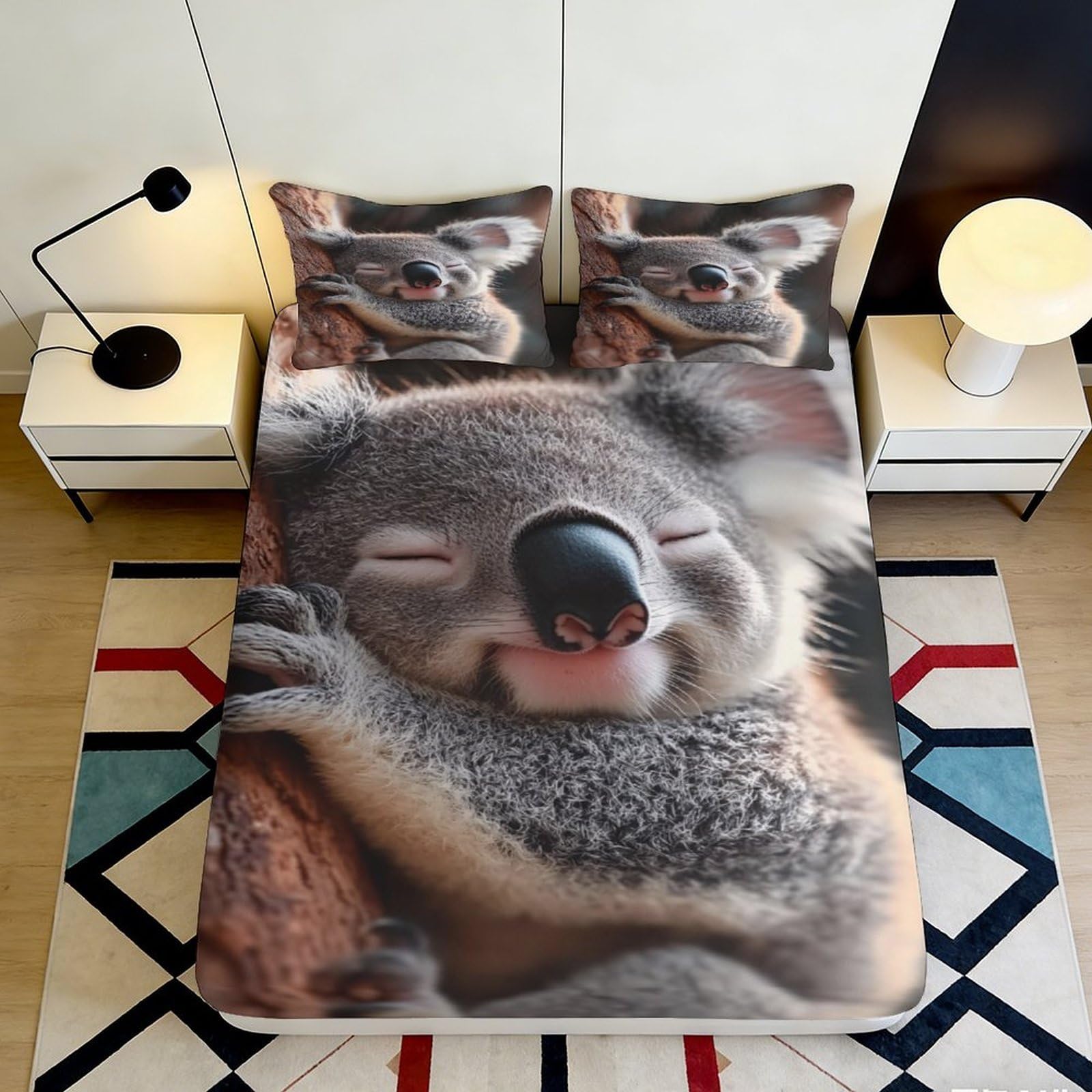 3D Printed Sleeping Koala Fitted Sheet Microfiber Soft Breathable Tree Hugging Bed Cover for Bedroom Dorm Decor 90x200x25cm