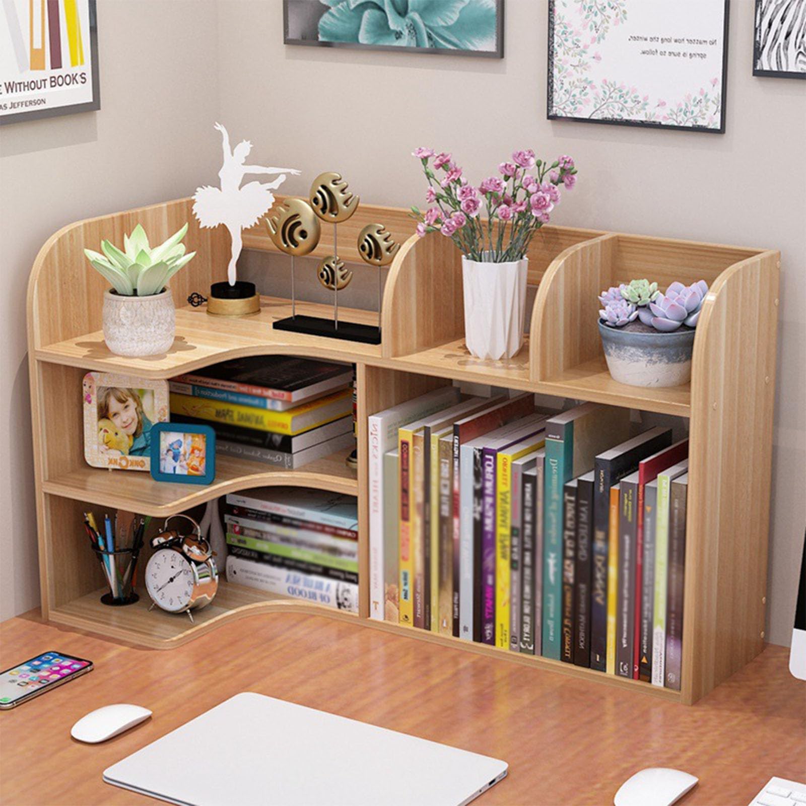 CWCQGH Freestanding Wooden Corner Bookshelf - Desktop Bookcase for Home Office & Dorm - Stylish Storage Solution for Books, Decor & Organizers,D-Left