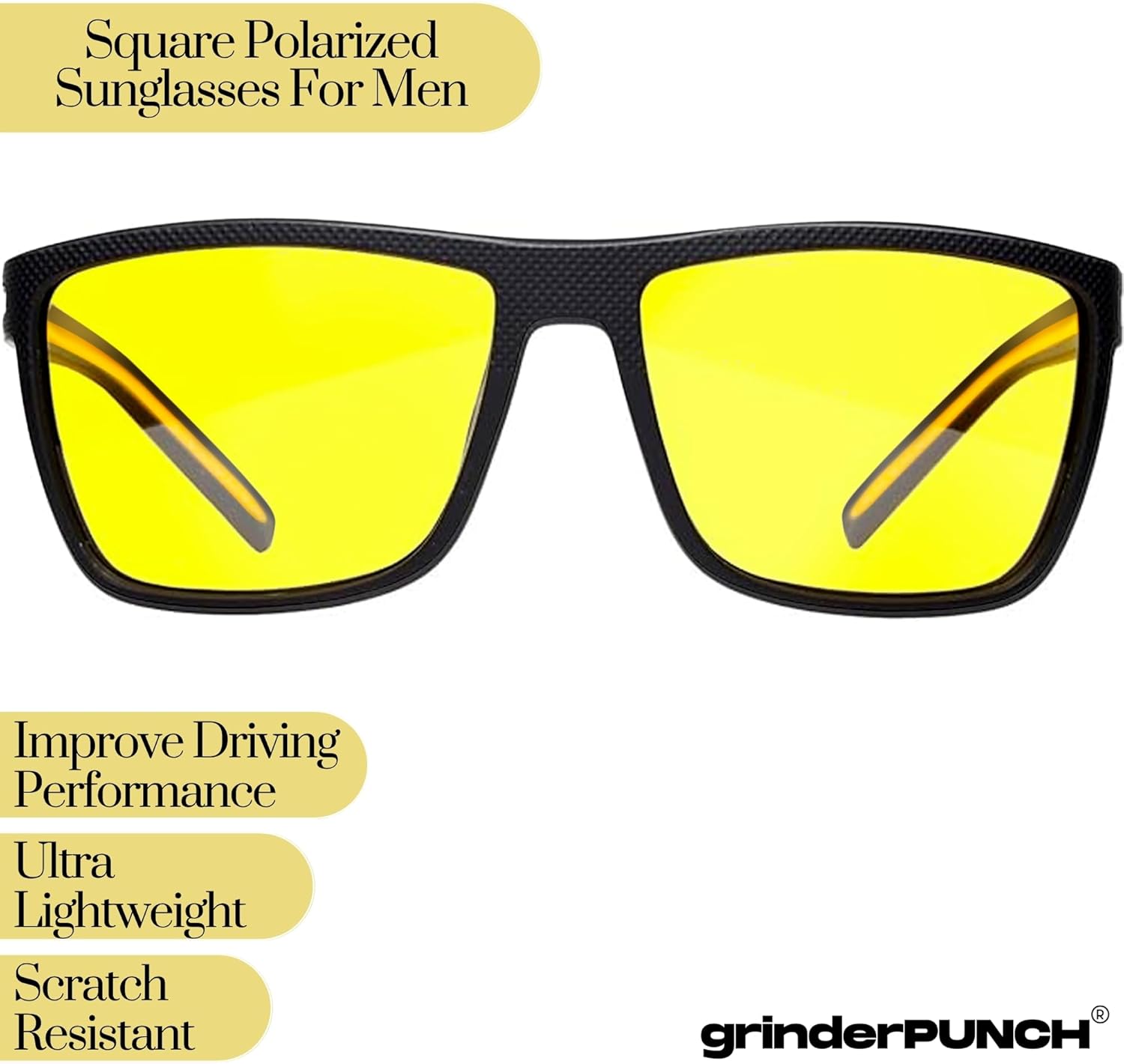 grinderPUNCH Night Driving Glasses Anti Glare Polarized For Women Men Night Vision Yellow Lens Driving Glasses UV Protection