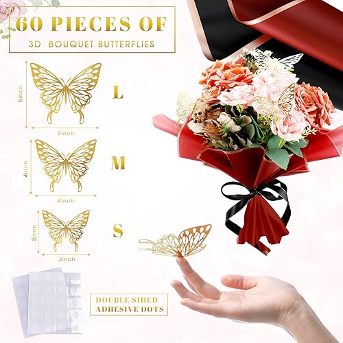 Miniatura 10 de Outus 60 hojas de papel de regalo para ramo de flores, impermeable, con 60 mariposas 3D, 100 alfileres de flores, 2 rollos de cinta, suministros de