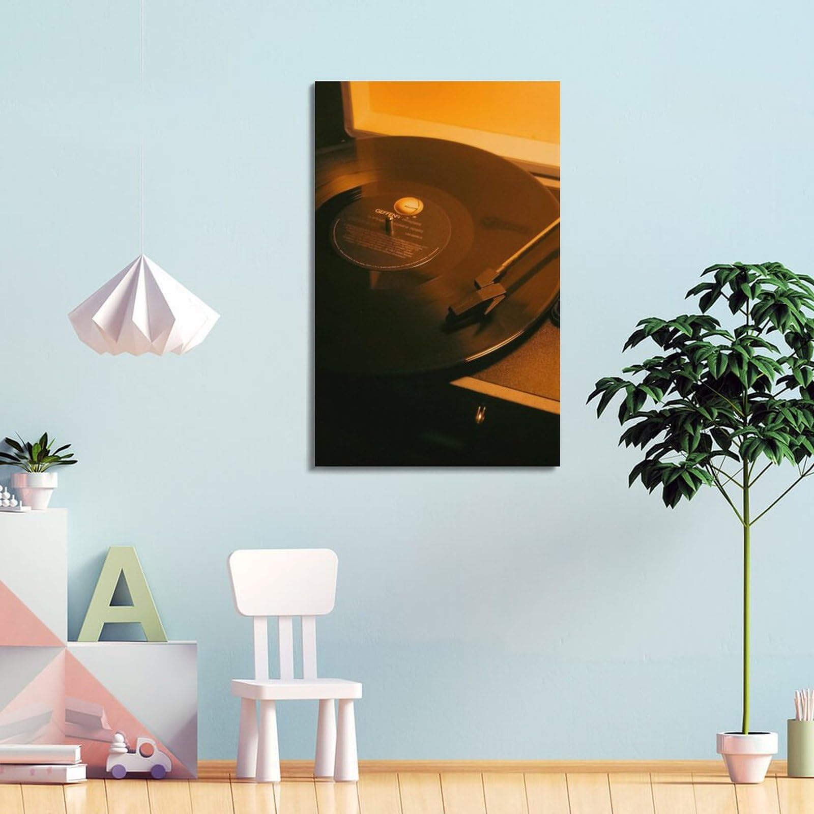 Gramofon z czarną płytą winylową w ciepłym świetle sztuka ścienna, retro muzyka dekoracja do domu i salonu plakat dekoracyjny obraz na płótnie plakaty ścienne i obraz artystyczny nadruk nowoczesna