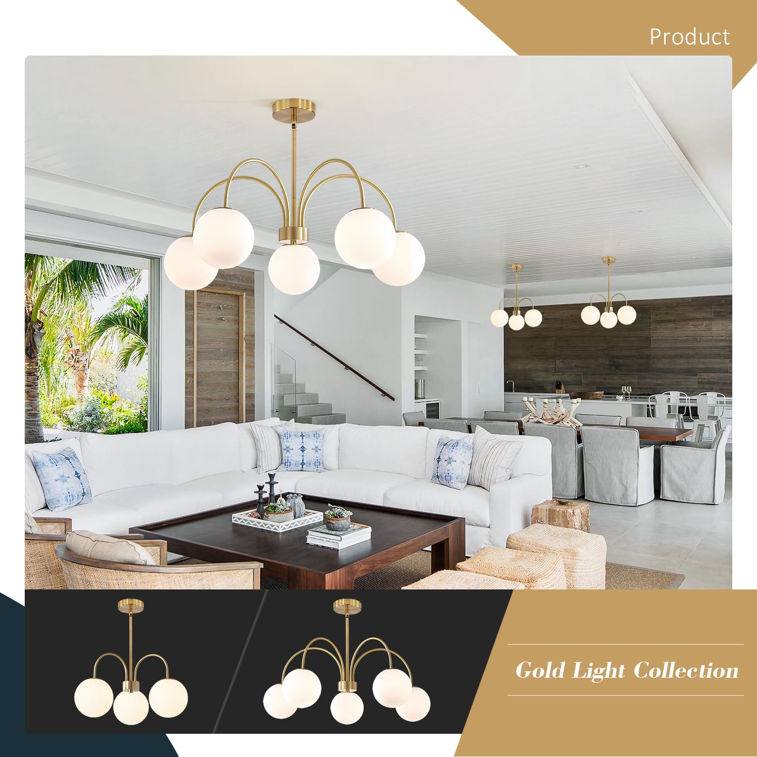 KCO Lighting Lampadario Soggiorno Oro Sfere,Lampadario Sputnik 5 Luci,Moderno Plafoniera Soffitto Regolabile per Camera da letto Soggiorno Cucina