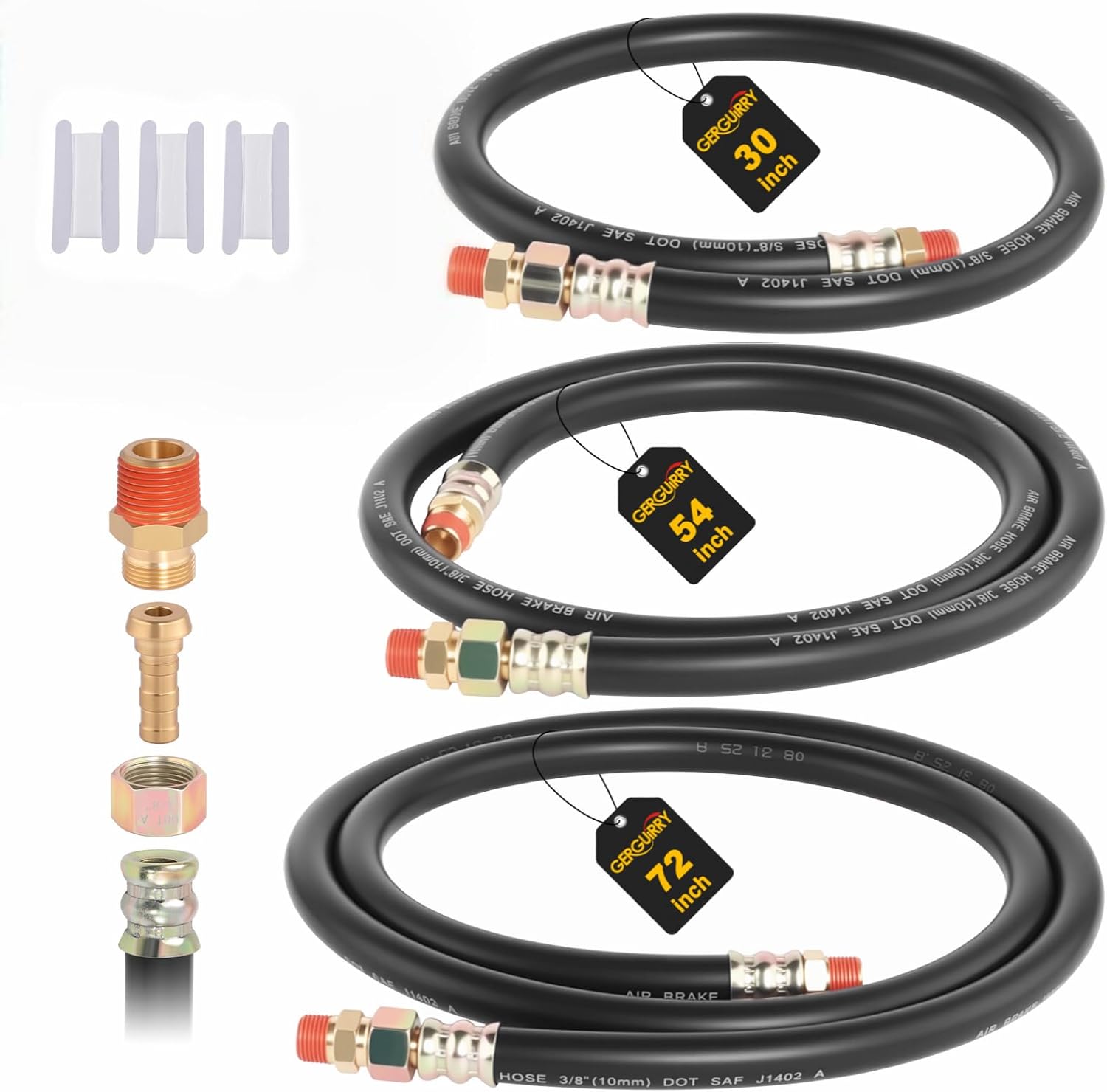 3/8" Air Brake Hose for Semi Truck - 30" & 54" & 72" SAE J1402 DOT Air Brake Chamber Hose Assembly Kit with 3/8" Swivel End, Rubber Air Line 800 PSI -3PCS