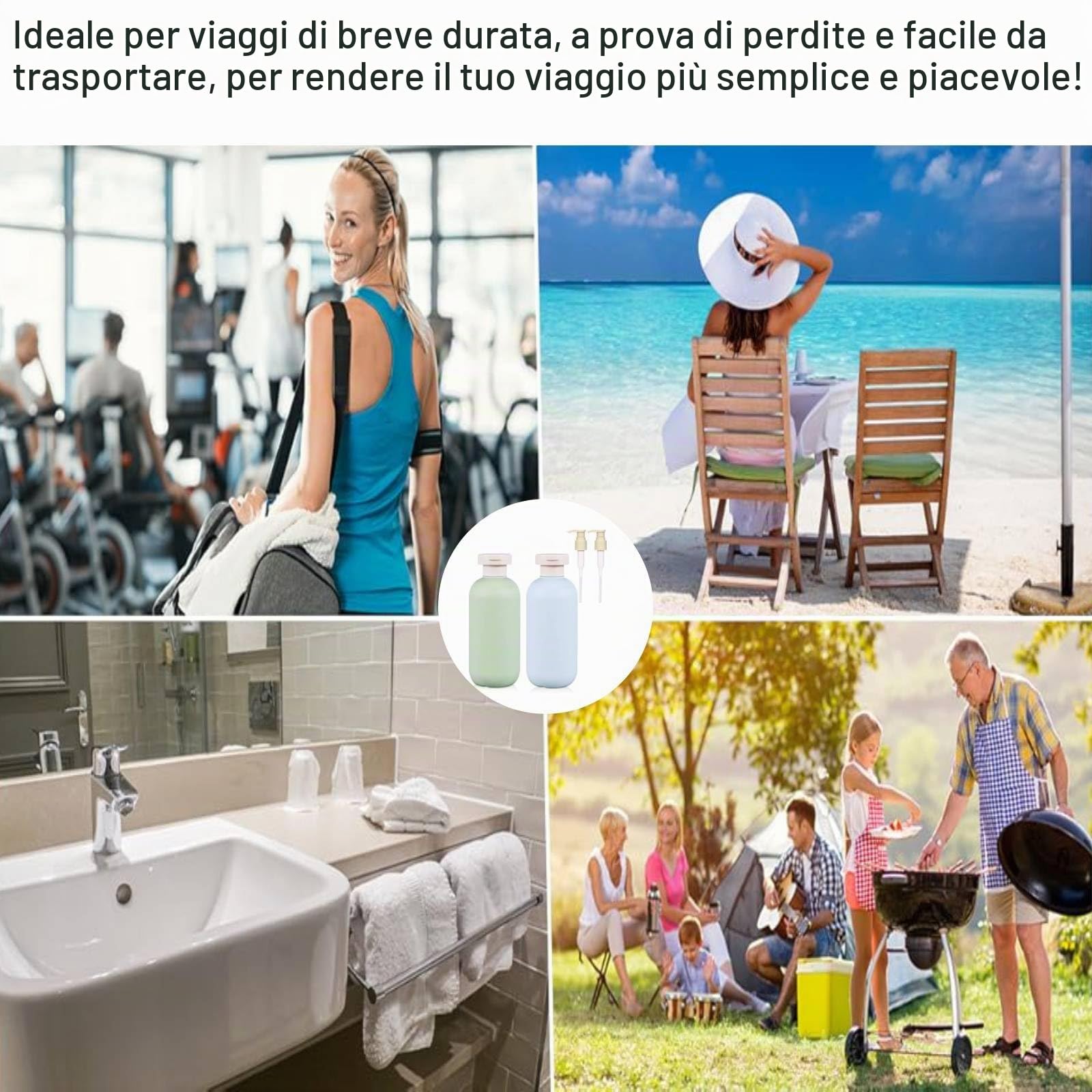 Bottiglie da Viaggio per Shampoo 200ml 2 pezzi con erogatore a pompa e tappo flip, Flaconi da Viaggio Ricaricabili per Articoli da Toeletta, antiperdita per shampoo, bagnoschiuma e cosmetici