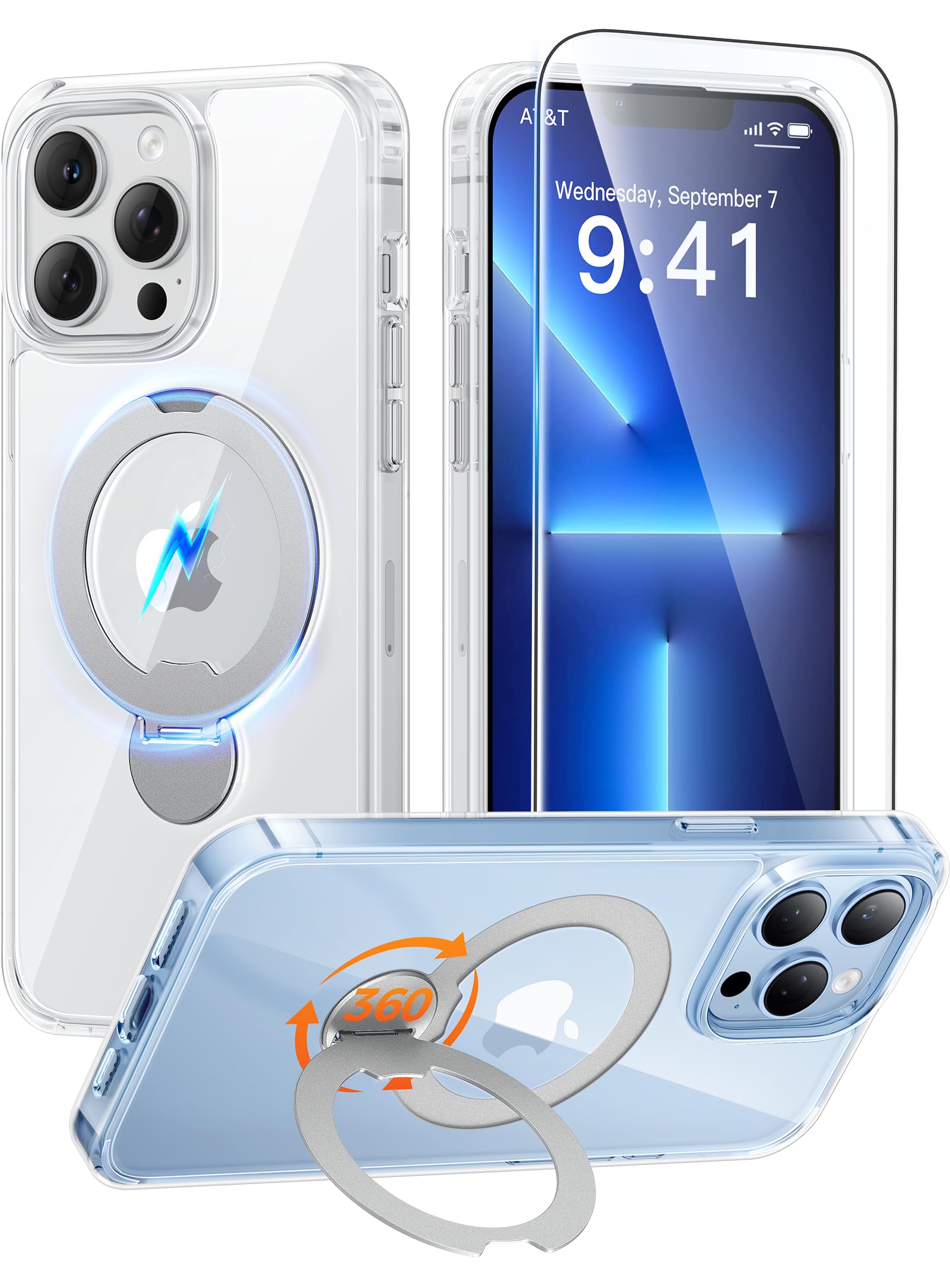 FNTCASE for iPhone 13 Pro-Max Case: [360 Spin Magnetic Stand] [Compatible with Magsafe] [Screen Protector] Clear Magnetic Phone Cases Anti Yellowing Shockproof Protective Phone Cover - Clear