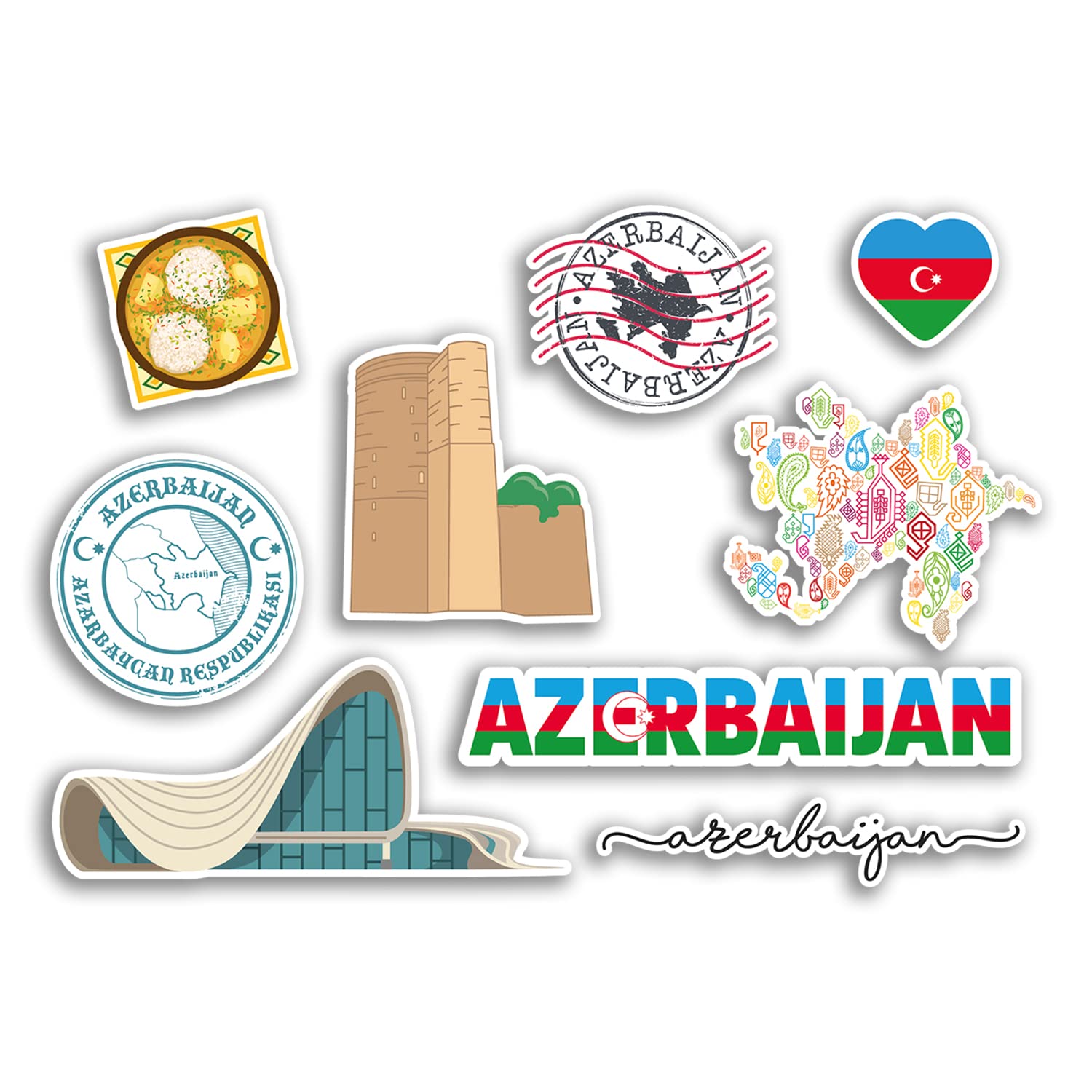 Dv Design Multi A5 Sticker Sheet - Azerbaijan Vinyl Stickers - Landmark Holiday City Country Airport Map Flag Food Sticker #77534