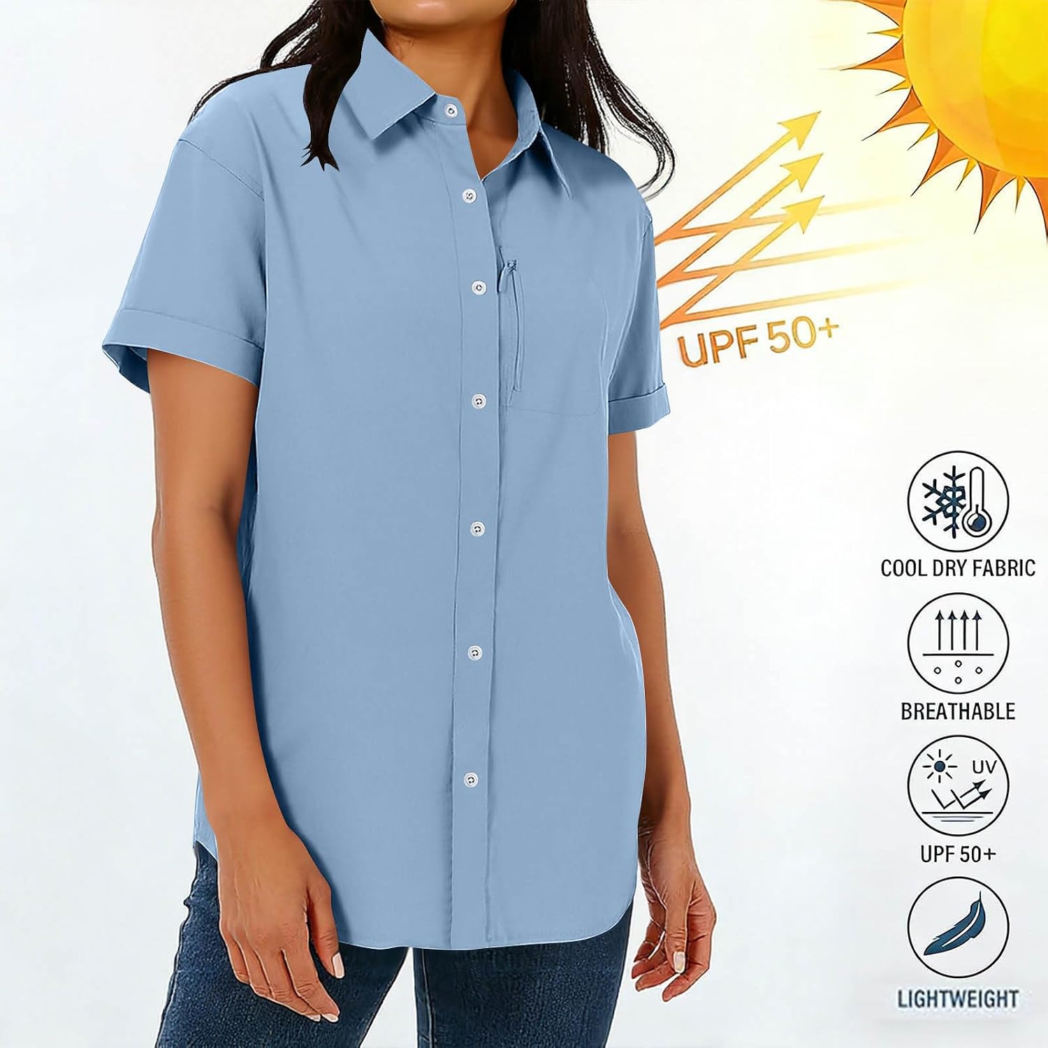 Women's Safari Shirts UPF 50+ Sun Protection Clothing Button Down Short Sleeve Shirts Lightweight Breathable Blouses
