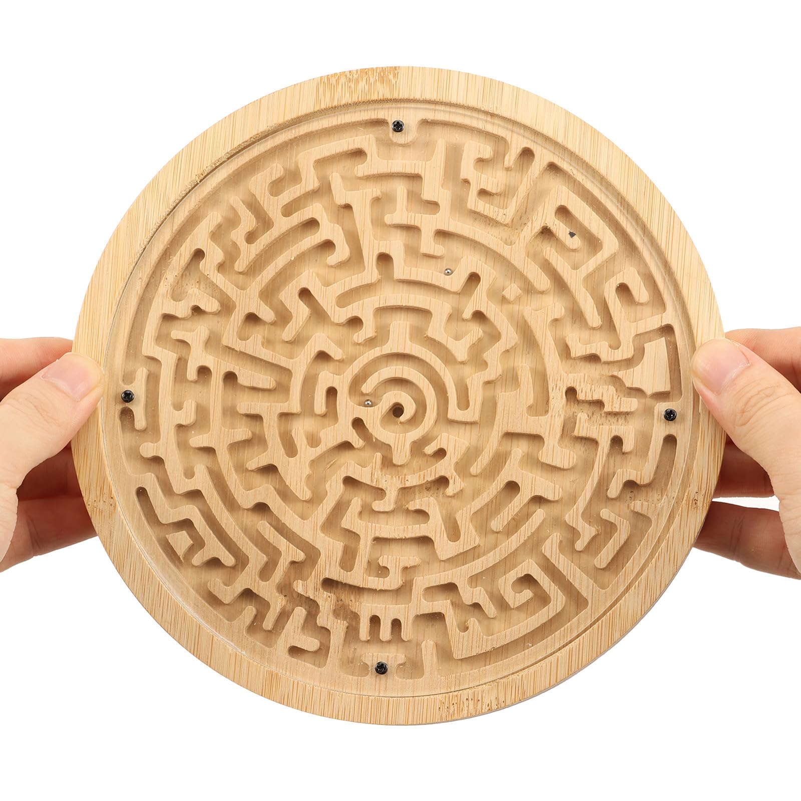 Wooden Board Game Round Maze Portable Bamboo Brain Teaser Puzzle Logic Toy Compact Marble Track Children Adults Stress Relief, 18cm(Natural Wood)