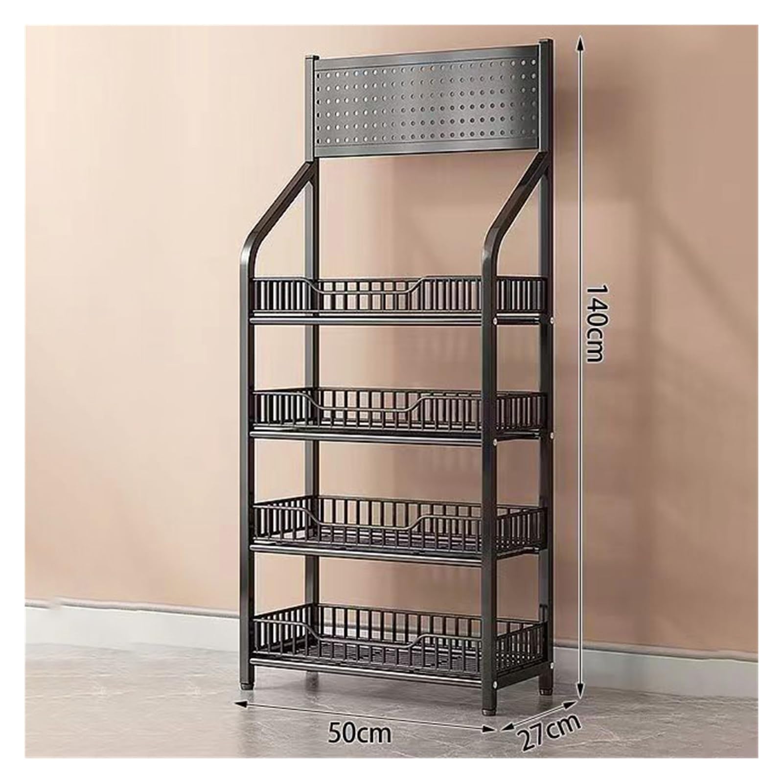 Espositore per scaffali da supermercato a 4 Ripiani - Cestello portaoggetti in Rete Metallica per Frutta, Verdura, cipolle e Patate - Espositore per Prodotti da Forno (Nero, 50x27x140 cm)