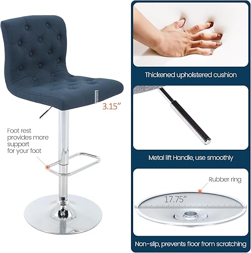 Miniatura 6 de Brage Living Juego de 2 taburetes de bar de tela copetudos, taburetes de bar giratorios ajustables con respaldo, sillas de bar tapizadas sin brazos