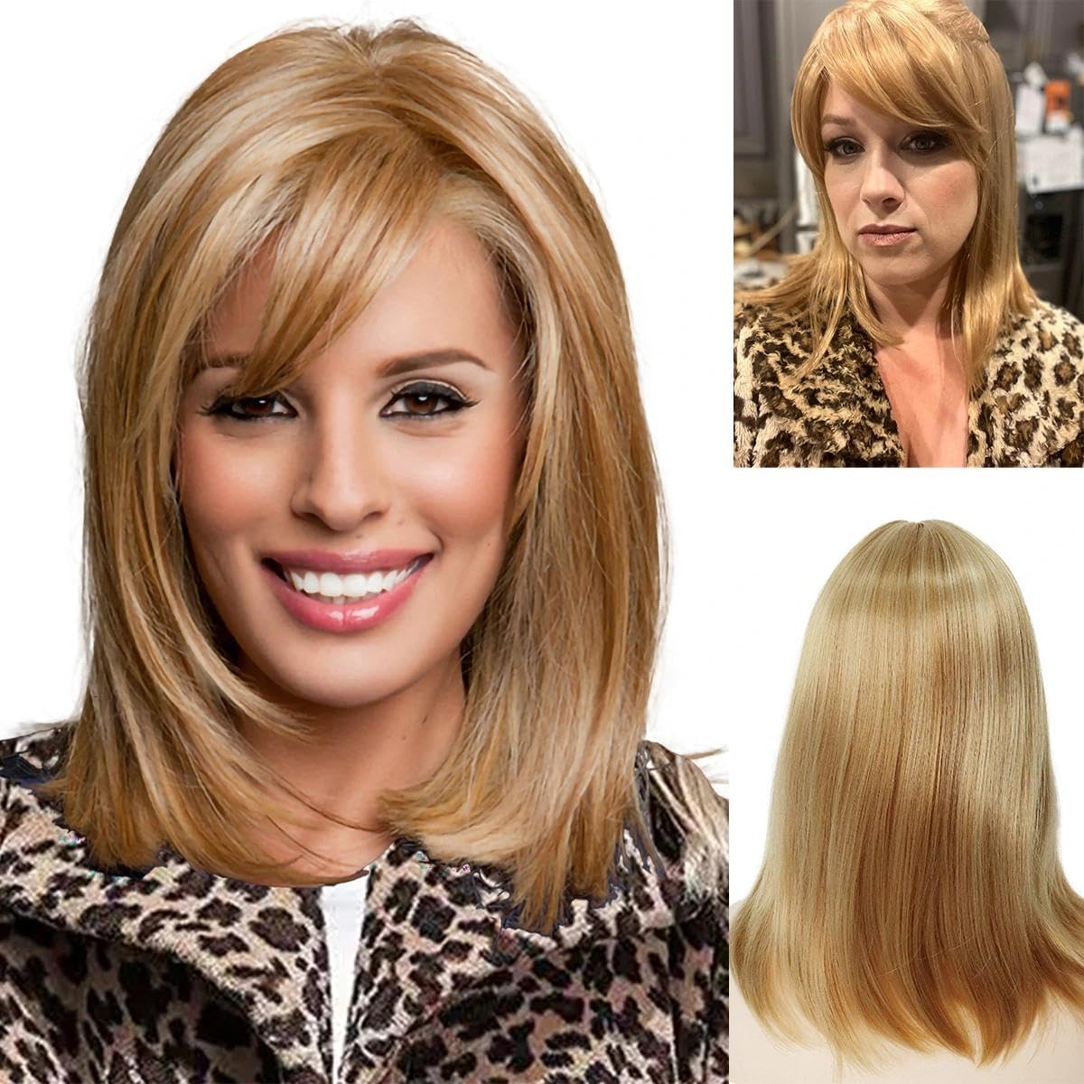 GNIMEGIL Wigs Strawberry Blonde Wig with Bangs Synthetic Hair Full Natural Hairstyle Straight Medium Length Bob Cut Halloween Beth Costume Wigs for Women Cosplay Wig Honey Blond