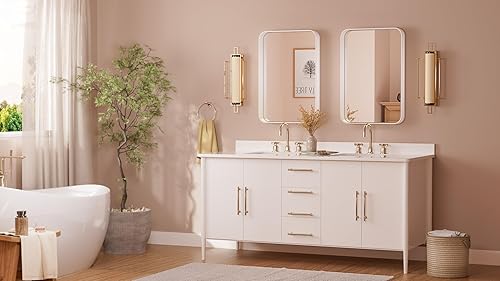 Miniatura 8 de TETOTE Espejo de marco dorado cepillado de 16 x 24 pulgadas, espejo de tocador de baño dorado de latón para pared, espejo rectangular de esquina