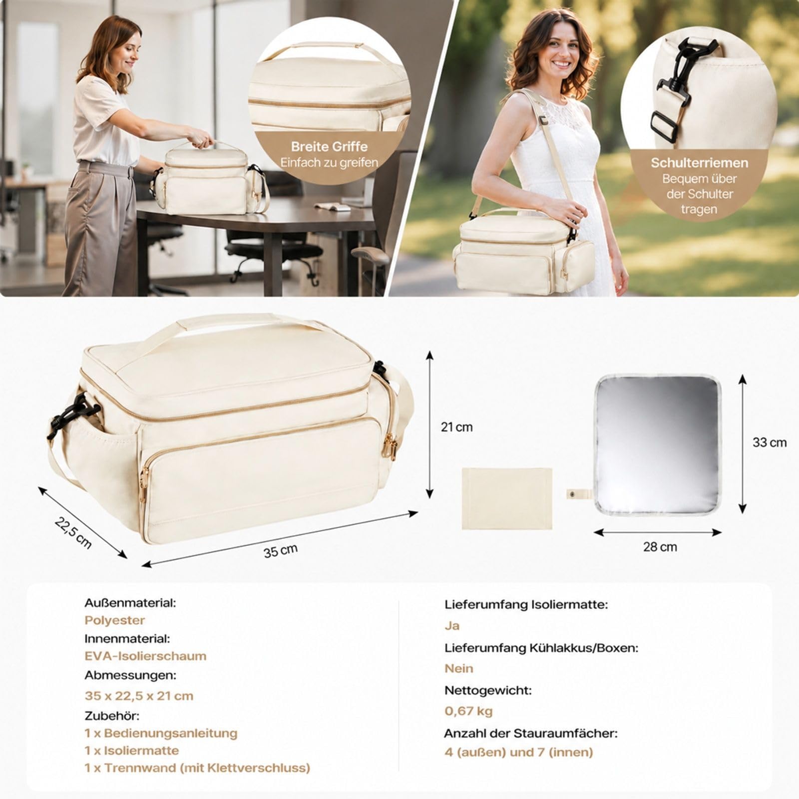 Tragetasche für Milchpumpe beige mit Schultergurt, Matte, Flaschenfach für Arbeit und Reisen