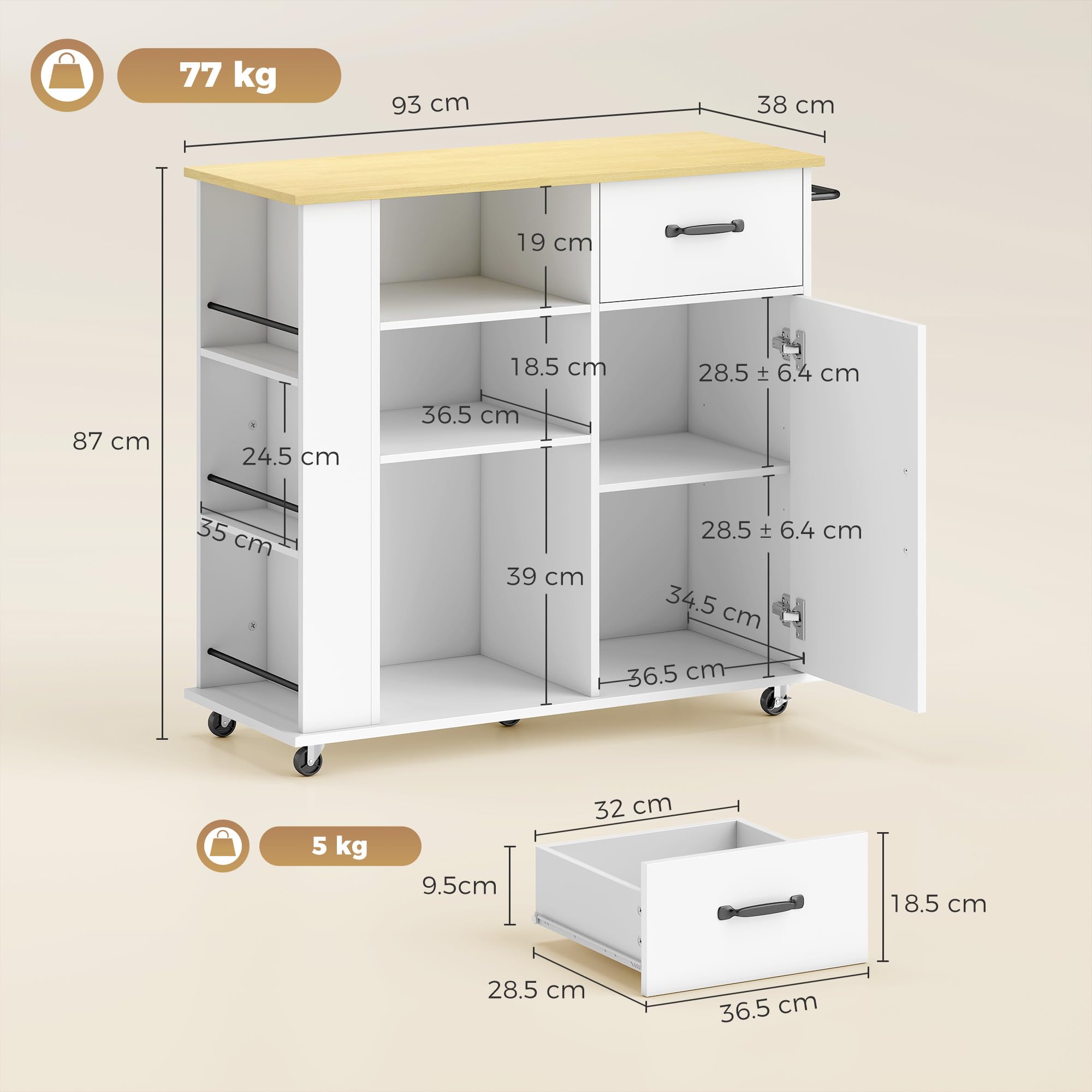 HOMCOM Carrello Cucina con 5 Ruote, Isola Cucina con Ante Soft-Close, Cassetto, Portasciugamani, 3 Portaspezie, 3 Scaffali Aperti e Ripiano Regolabile, Multiuso Salvaspazio, 96.5x38x87 cm, Bianco