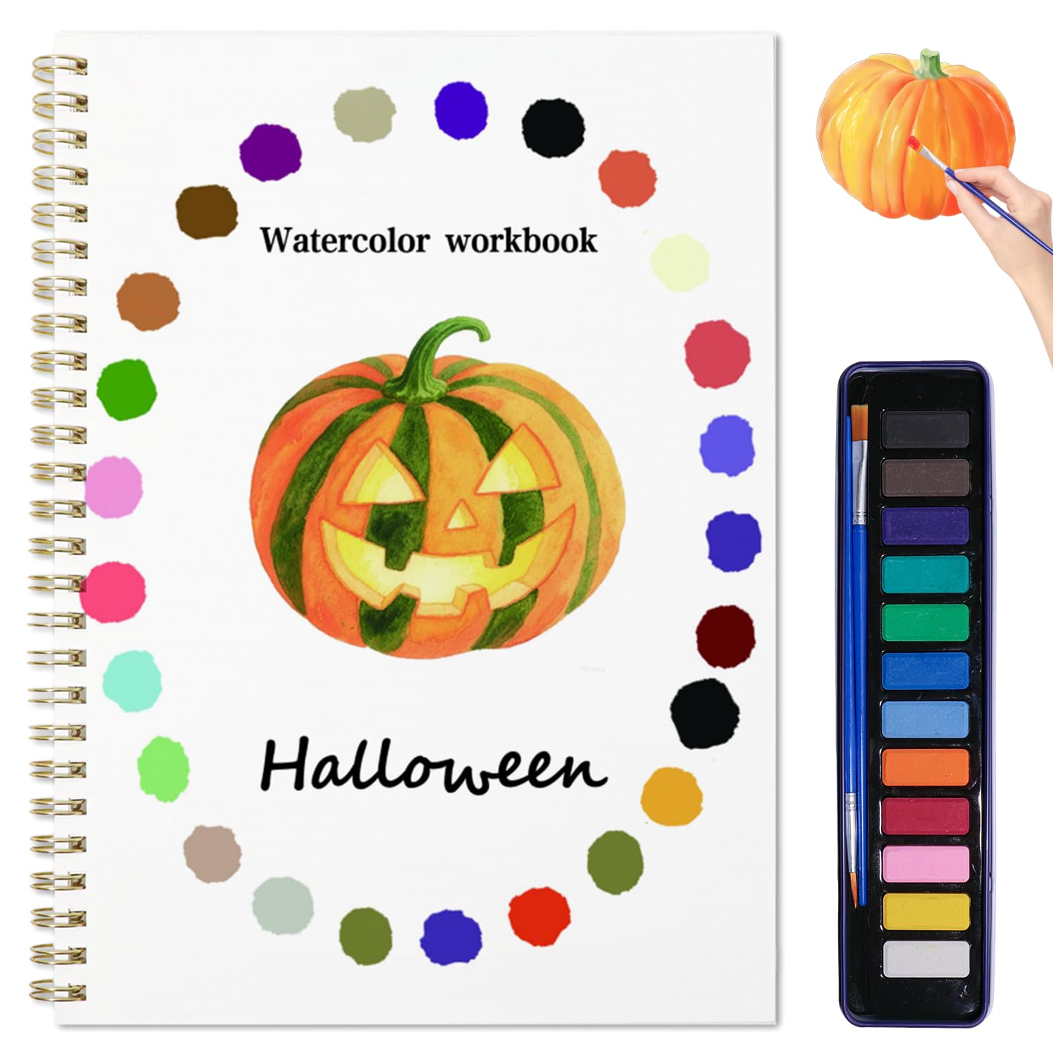Watercolor Workbook, Water Coloring Book, 12 Different Patterns of Original DIY Designs, 12 Colors Watercolor Paint Set with Palette and Brush, Beginner-Friendly Watercolor Workbooks（Halloween）