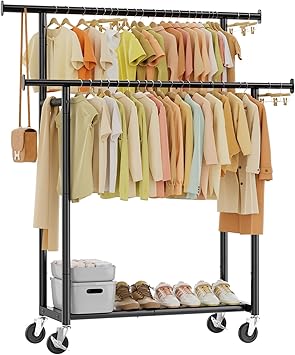 Simple Trending Clothes Rack, Double Rods Clothing Rack for Hanging Clothes, Metal Garment Rack with Rolling Wheels, Portable Wardrobe Closet Rack for Coat, Bedroom, Laundry, Black