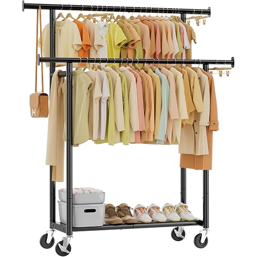 Simple Trending Clothes Rack, Double Rods Clothing Rack for Hanging Clothes, Metal Garment Rack with Rolling Wheels, Portable Wardrobe Closet Rack for Coat, Bedroom, Laundry, Black