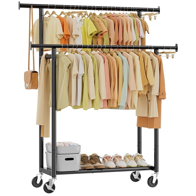 Simple Trending Clothes Rack Double Rods Clothing Rack for Hanging Clothes Metal Garment Rack with Rolling Wheels Portable