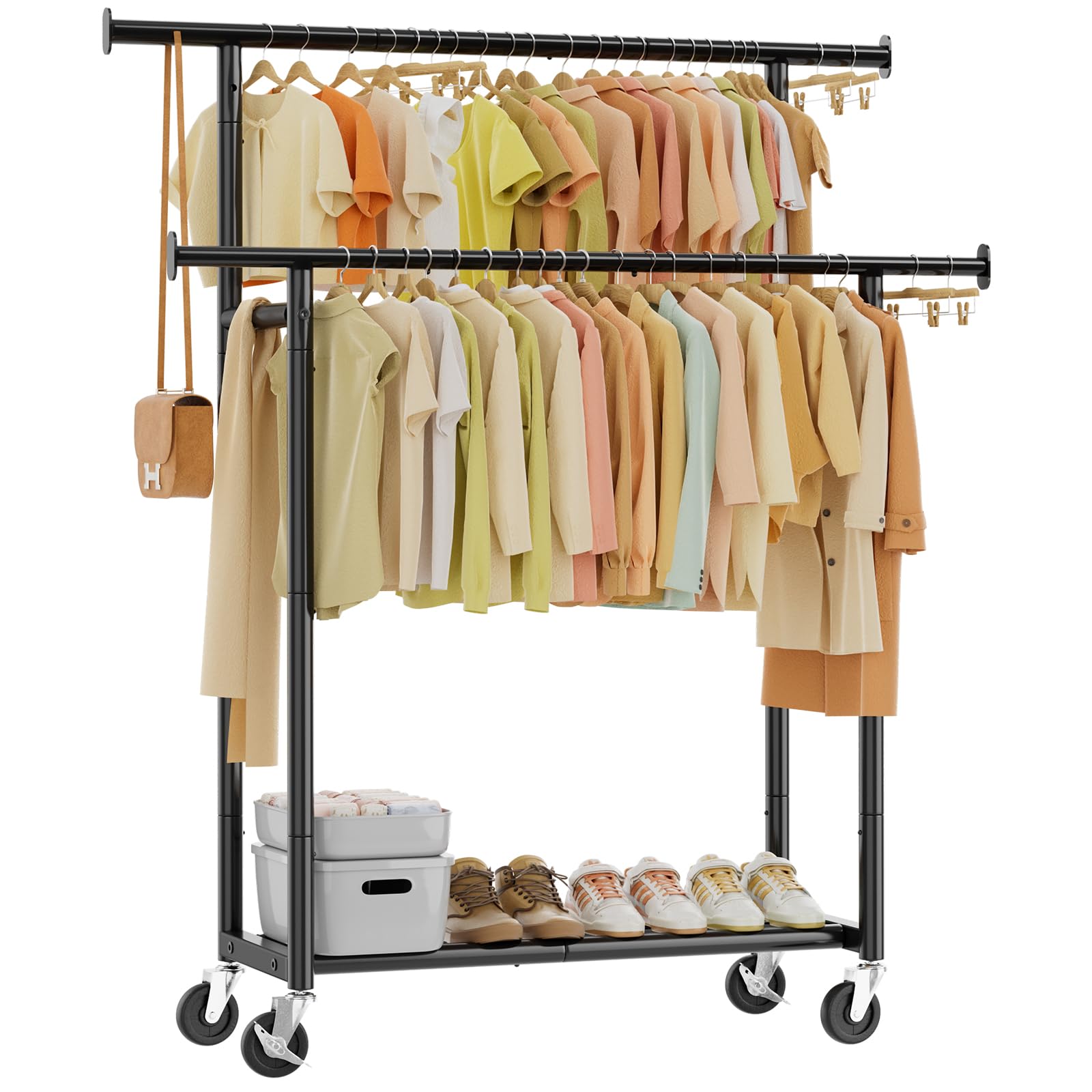 Simple Trending Clothes Rack Double Rods Clothing Rack for Hanging Clothes Metal Garment Rack with Rolling Wheels Portable