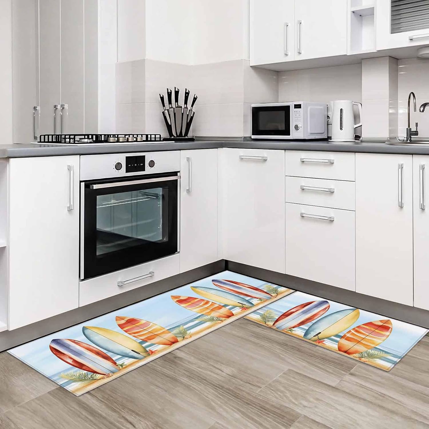Kitchen Rugs and Mats Set of 2,Summer Watercolor Striped Surfboard Slip-Proof Floor Mat Cushioned Doormat Ocean Beach Starfish Shell Area Runner Rug for Kitchen,Bathroom,Living Room,Entryway Decor