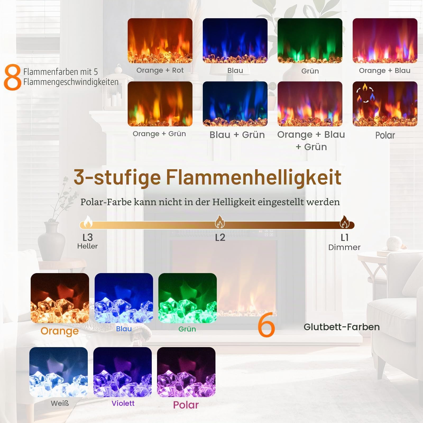 SOARS Elektrischer Kamin 1500W, Dekorativer Kunstkamin mit LED-Flammeneffekt 12 Farben, 3 Helligkeitsstufen, Heizung 17-32℃, Überhitzungsschutz, Fernbedienung (60,9 x 11,8 x 34,2 cm)