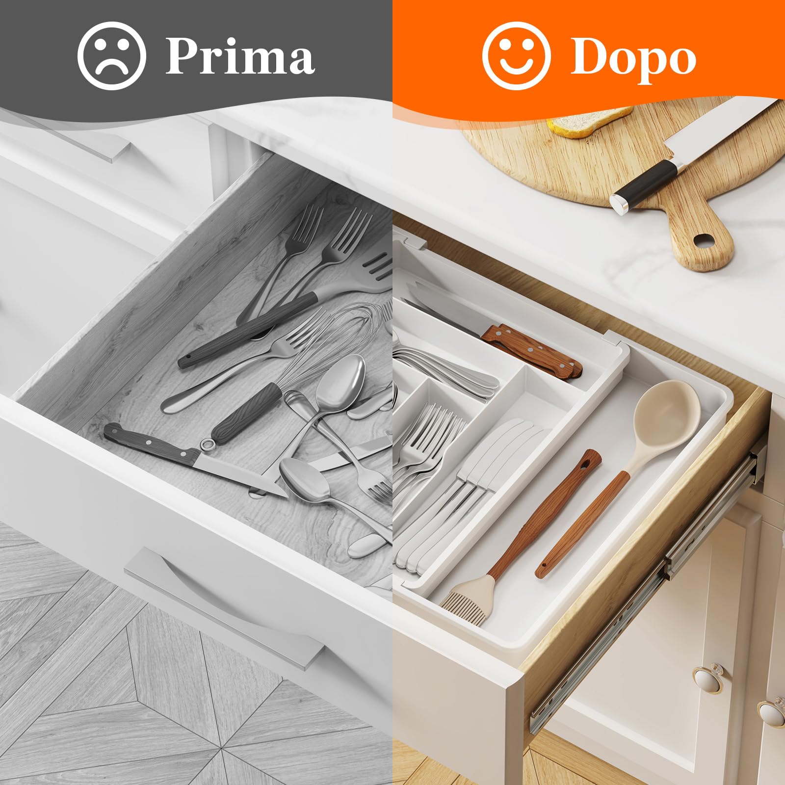 Lifewit Portaposate da Cassetto Espandibile, Larghezza 33-57 cm, Organizer Utensili per Cucina Salvaspazio, Accessori Cucina per Cucchiai, Forchette, Profondità 42,4 cm, Bianco