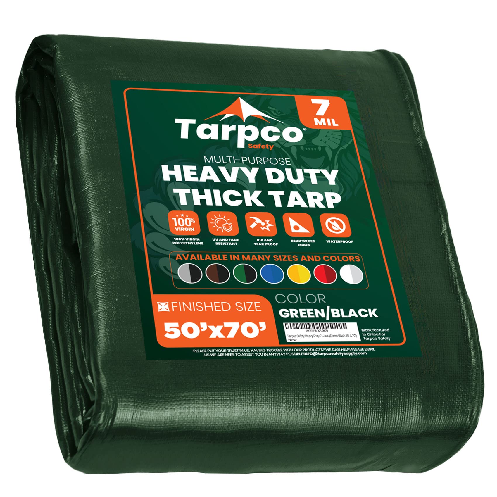 Heavy Duty 7 Mil Tarp Cover, Waterproof, UV Resistant, Rip and Tear Proof, Poly Tarpaulin with Reinforced Edges for Roof, Camping, Patio, Pool Cover, Boat (Green/Black 50′ X 70′)
