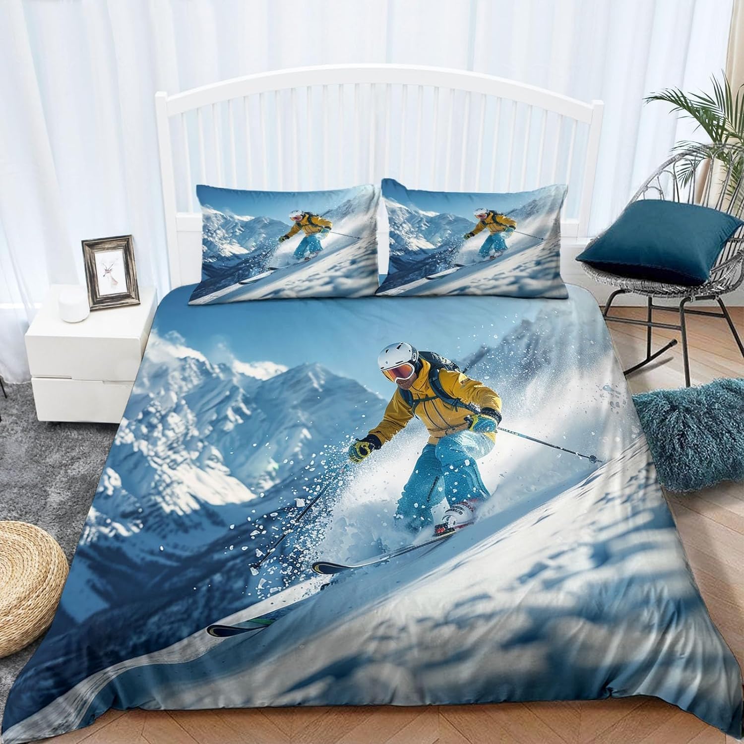 Poszwa na kołdrę 105 Narciarska Mikrofibra 3D Poszewka na kołdrę 200 x 220 cm Śnieżna Górska Krajobraz Lekka Oddychająca Pościel z zamkiem błyskawicznym i 2 poszewkami na poduszki b.3457