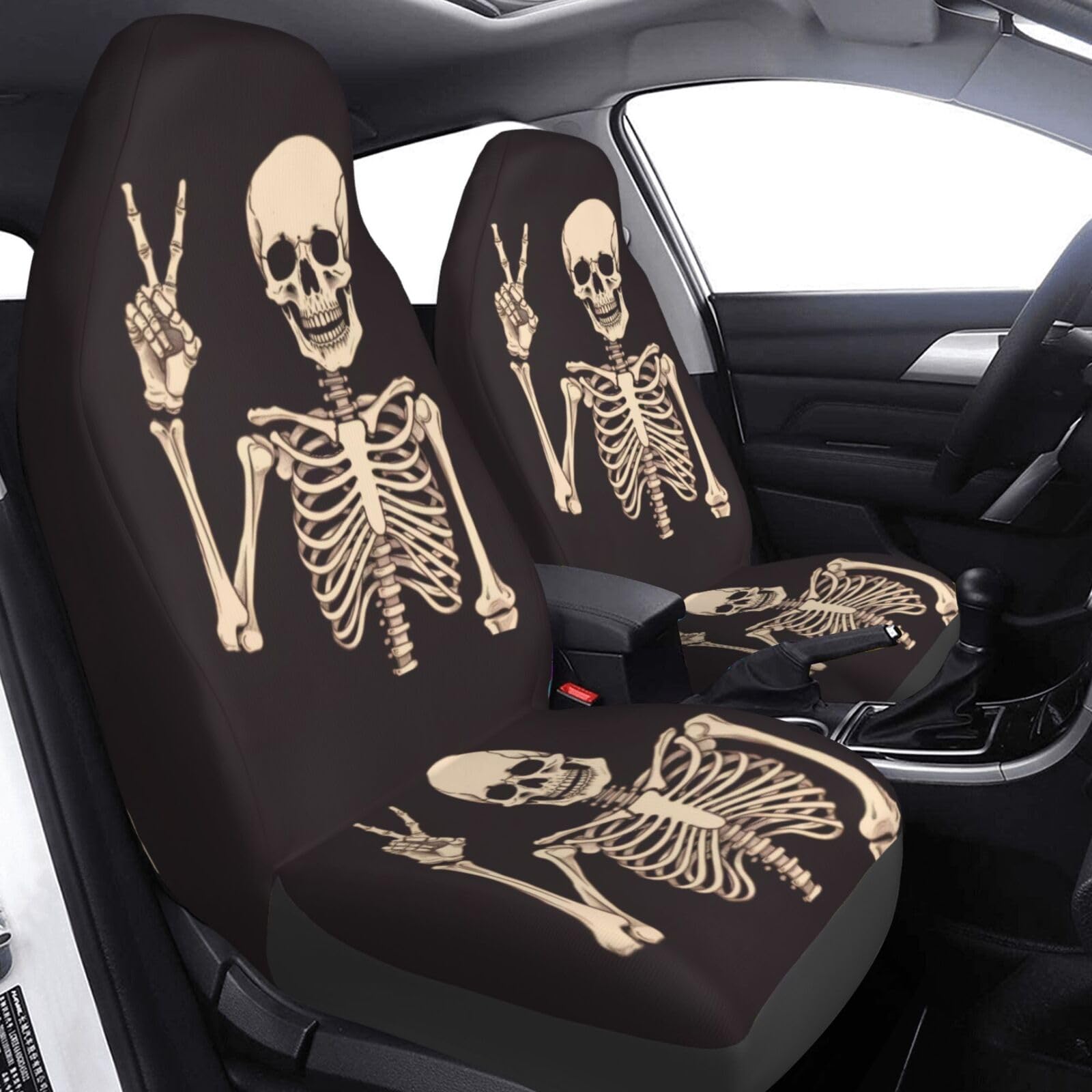 Dujiea Rock and Roll Skull Skeleton Car Front Seat Covers 2 Pcs Universal Auto Seat Covers Front Seats Only, Vehicle Bucket Seat Protectors Fit for Most Car SUV Sedan and Truck