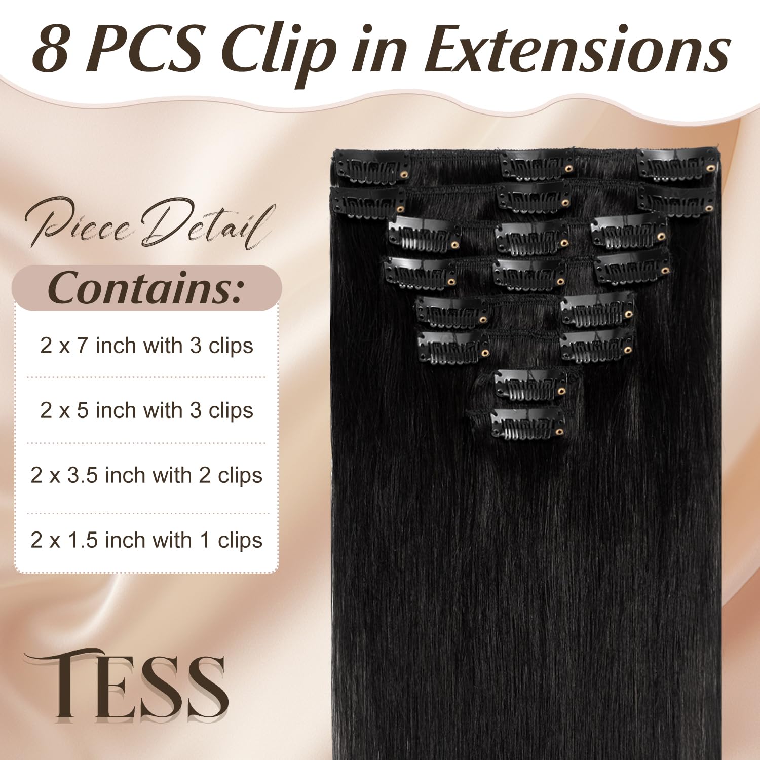TESS Clip in Hair Extensions Real Human Hair Black Remy Seamless 8 Pieces Straight Short for Women/Girls (#01 Jet Black, 10 Inch 50g) - Image 2