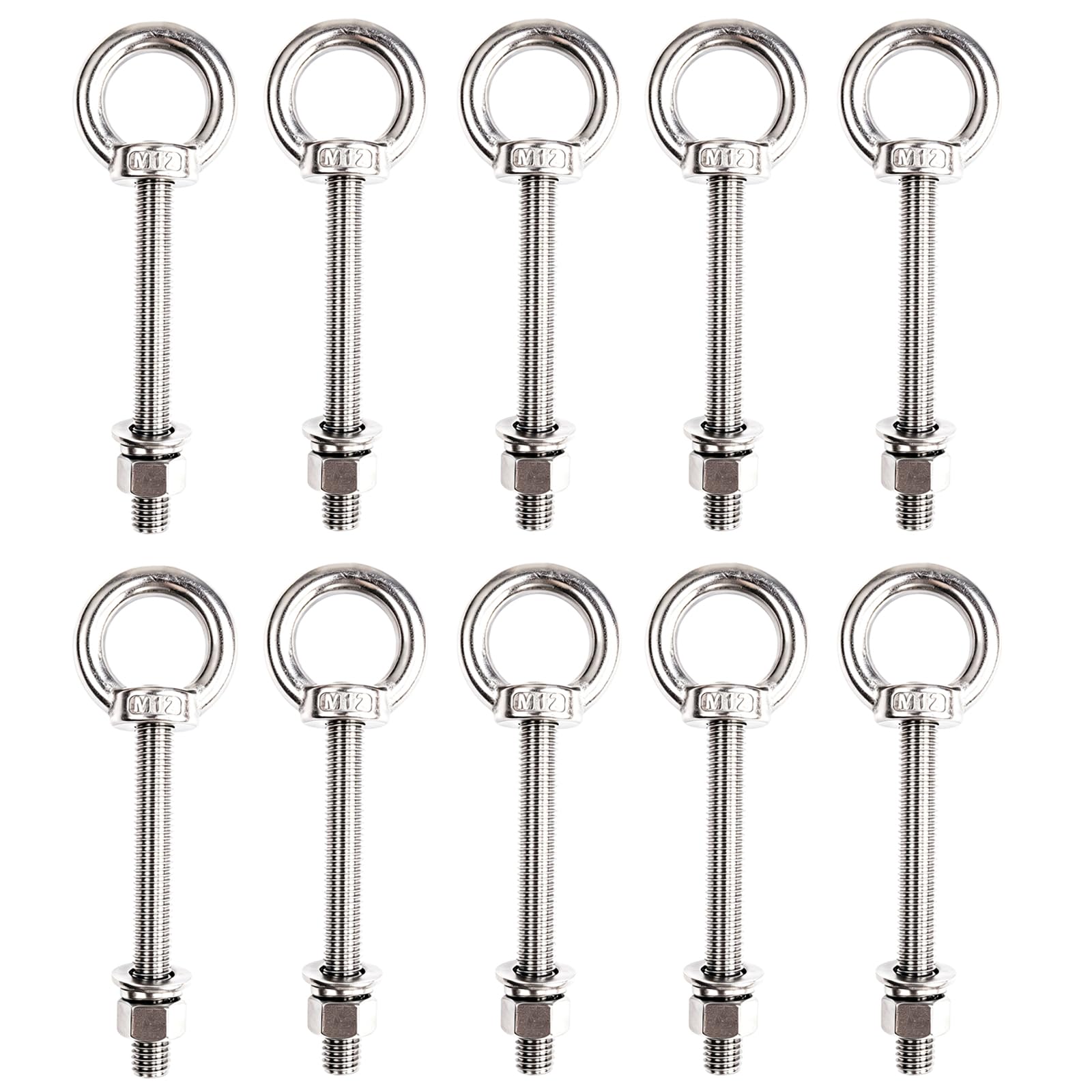 Confezione da 10 occhielli filettati M12 x 100 mm, con rondelle per dadi, bulloni a occhiello in acciaio inox di grado marino, per fai da te, mobili, altalene e uso esterno (M12 x 100 mm)