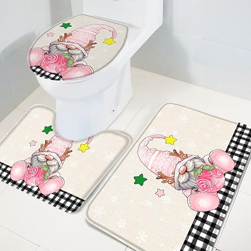 Miniatura 4 de Bath Rugs for Bathroom Set 3 Piece Christmas Pink Gnome Snowflake Star Linen Texture Non-Slip Washable Memory Foam Absorbent Bath Mat Rugs for Tub
