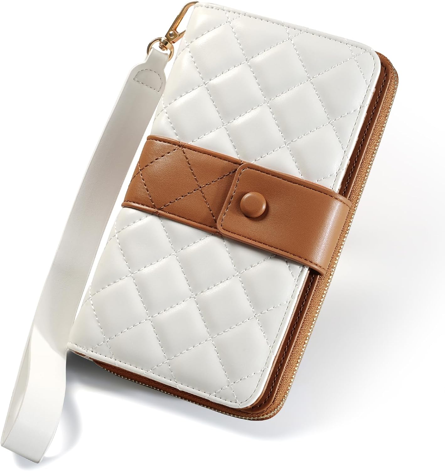 TiMOVO RFID Leather Wallet with Wrist Strap for Women, Beige + Brown