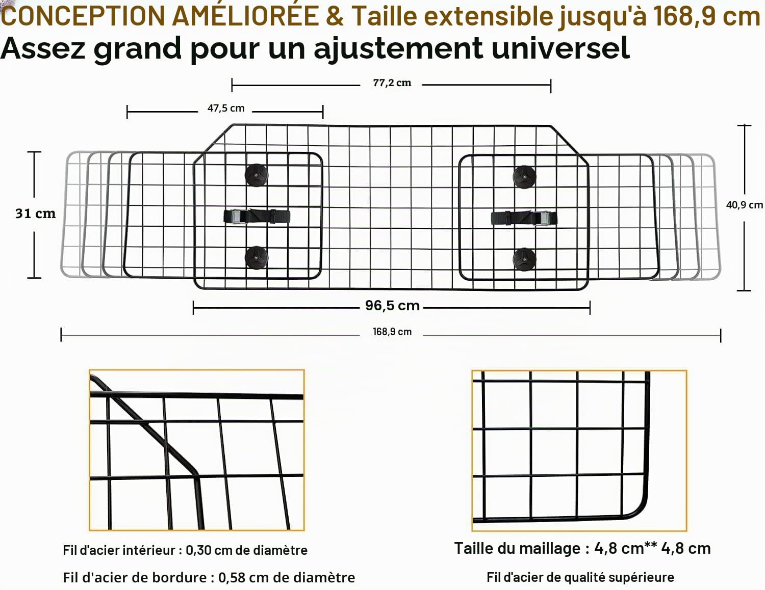 Barrière de voiture universelle pour animaux de compagnie de 96,5 à 167,5 cm pour SUV et camionnette