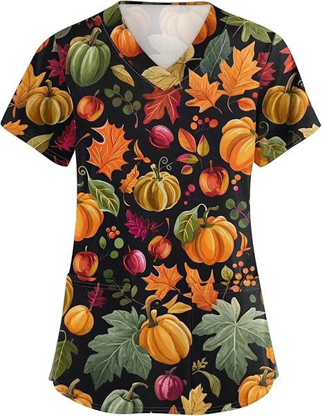 OIOLOYJM Halloween Christmas Scrub Tops Women Print V Neck Short Sleeve Plus Size Scrubs for Womens Shirts with Pockets