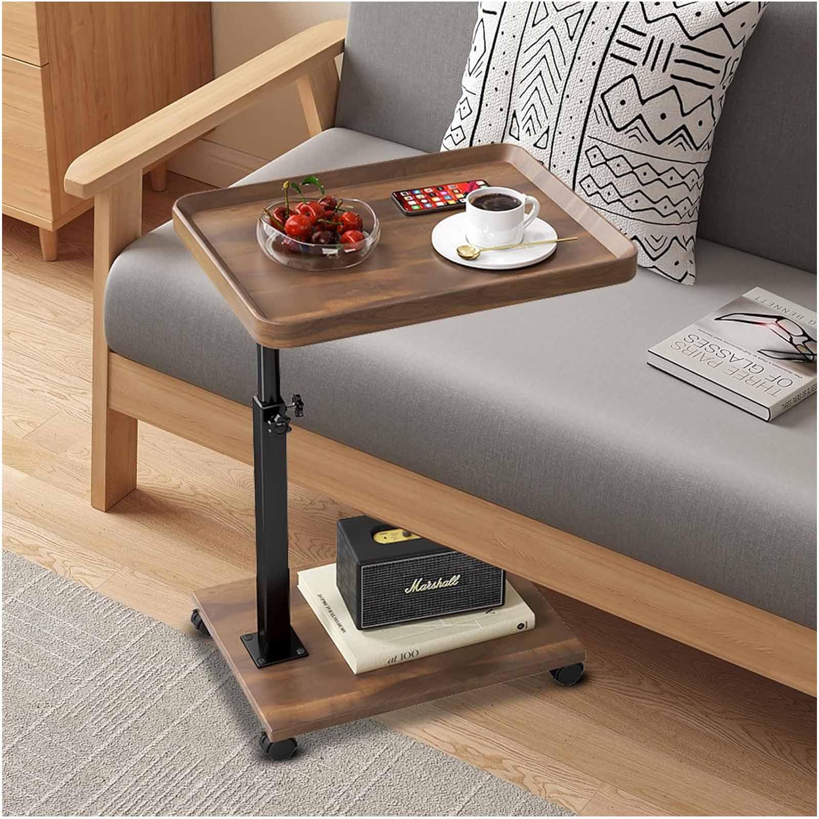 SXZenSpace C Table End Adjustable Height, Couch Tables That Slide Under, Shaped with Wheels, Small Side Living Room & Bedroom, Swivel Tray for Drink Snack,Brown