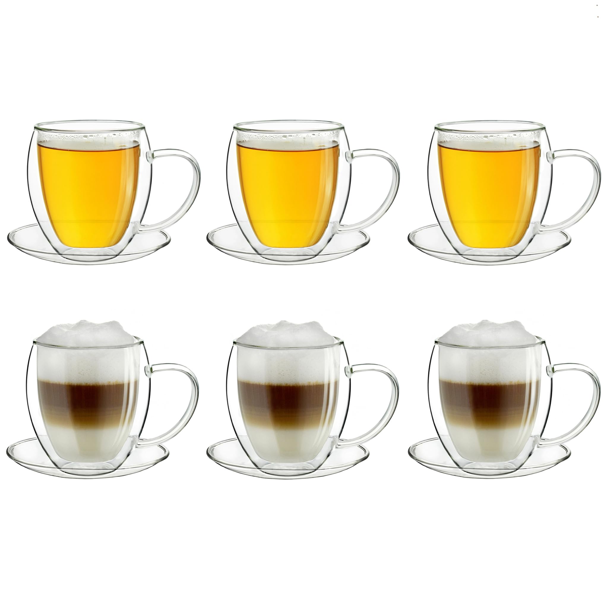 Creano Set di 6 Tazze Termica in Vetro a Doppia Parete, Tazza in Vetro con Manico e Sottobicchiere | 250ml in Esclusiva Confezione Regalo