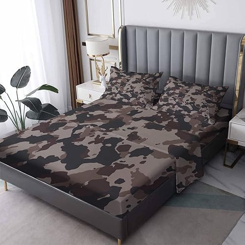 NOGAWA Sábanas de camuflaje tamaño Queen, sábanas de caza militar de camuflaje, juego de sábanas y fundas de almohada de 4 piezas, sábana bajera