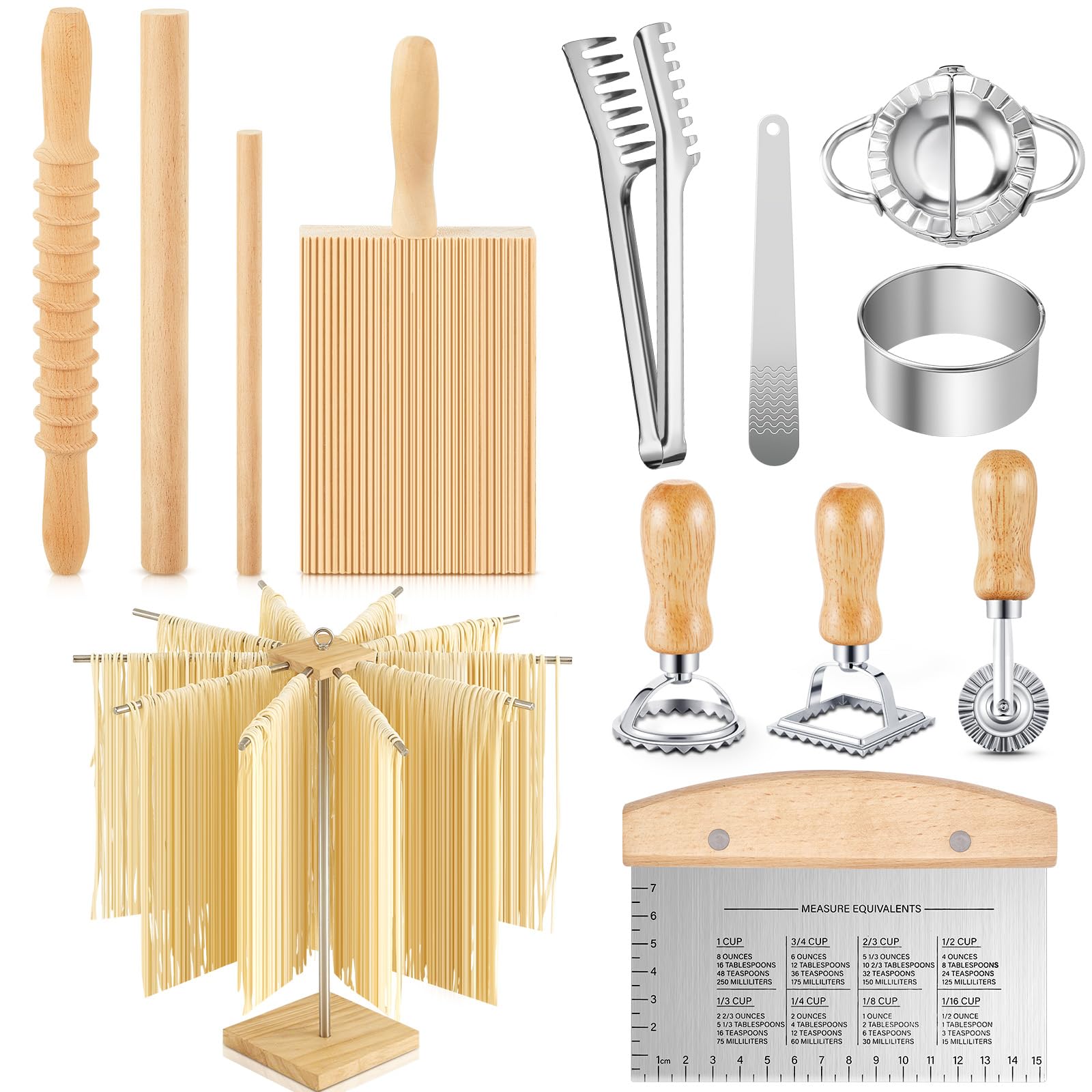 Tioncy 13-teiliges Nudelherstellungswerkzeug, inklusive Edelstahl-Trockengestell, Gnocchi-Brett mit Roller, Ravioli-Nudelholz, Nudelzange, Teigschaber, Ravioli-Stempel, Empanadas-Pressform für die