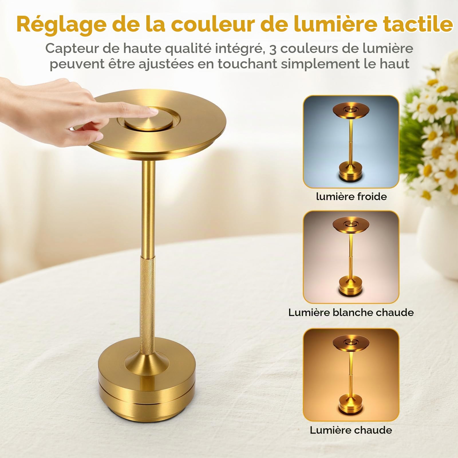 Lampe de chevet avec commande tactile, lampe de bureau LED sans fil, charge USB portable, 3 couleurs d'éclairage à intensité variable pour chambre à coucher, bureau, salon, bar, restaurant, cadeau